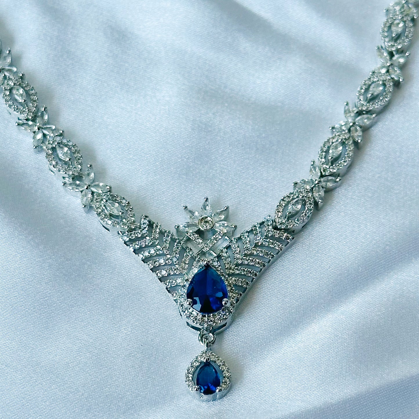 Blue Sapphire Cubic Zircon Stone American Diamond Silver Plated Necklace Set