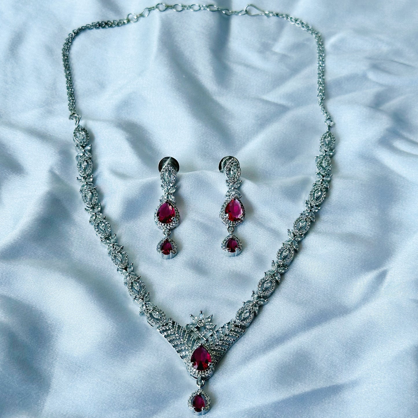 Red Ruby Cubic Zircon Stone American Diamond Silver Plated Necklace Set