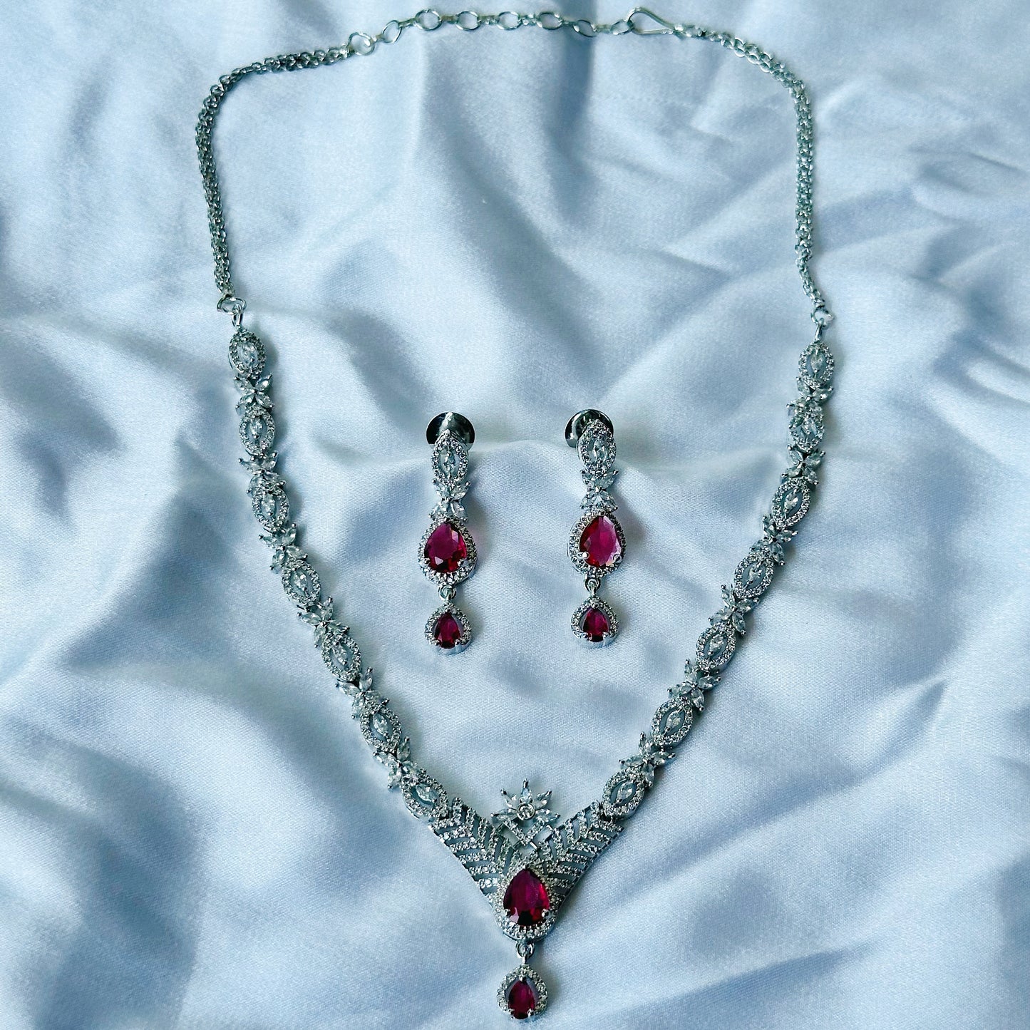 Red Ruby Cubic Zircon Stone American Diamond Silver Plated Necklace Set