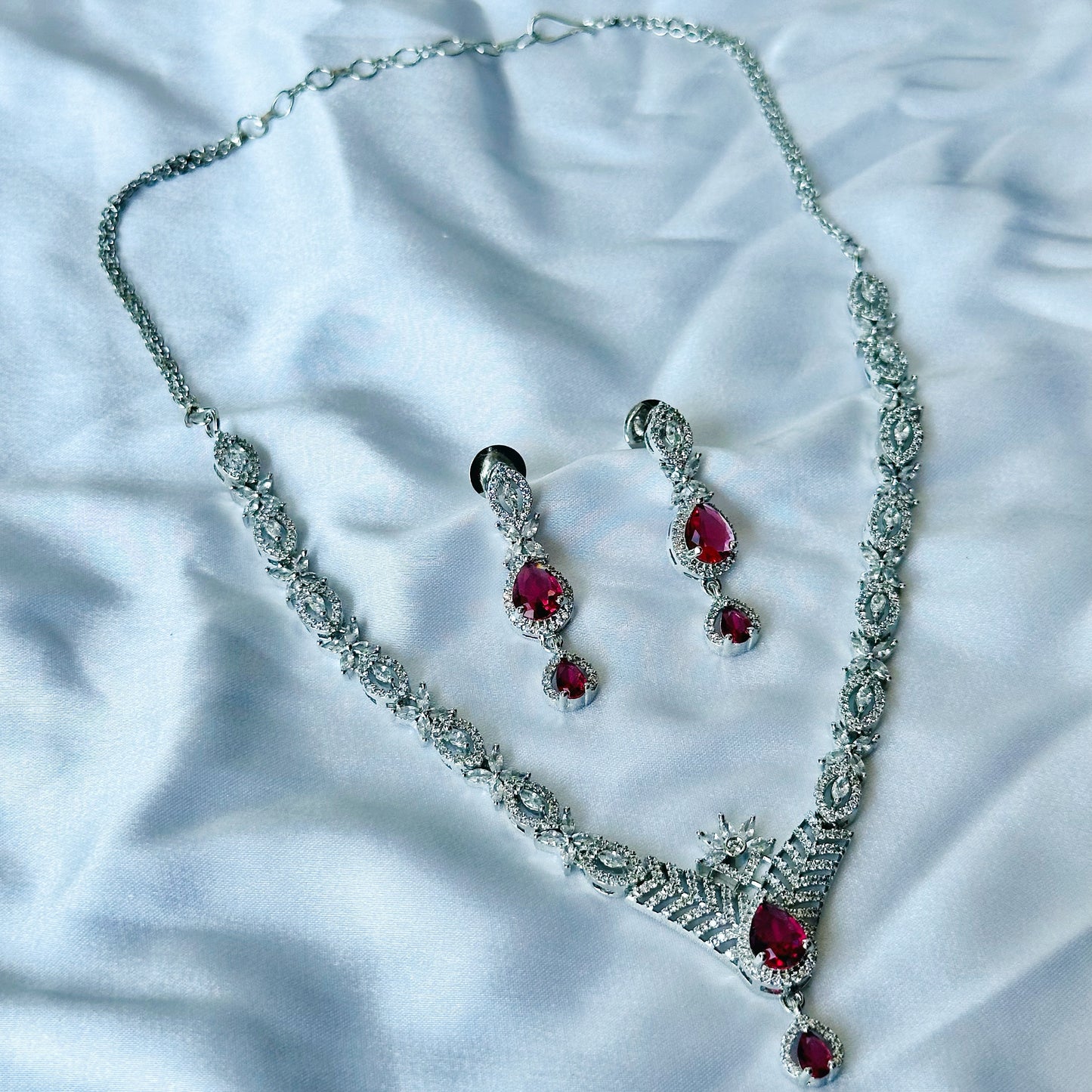 Red Ruby Cubic Zircon Stone American Diamond Silver Plated Necklace Set