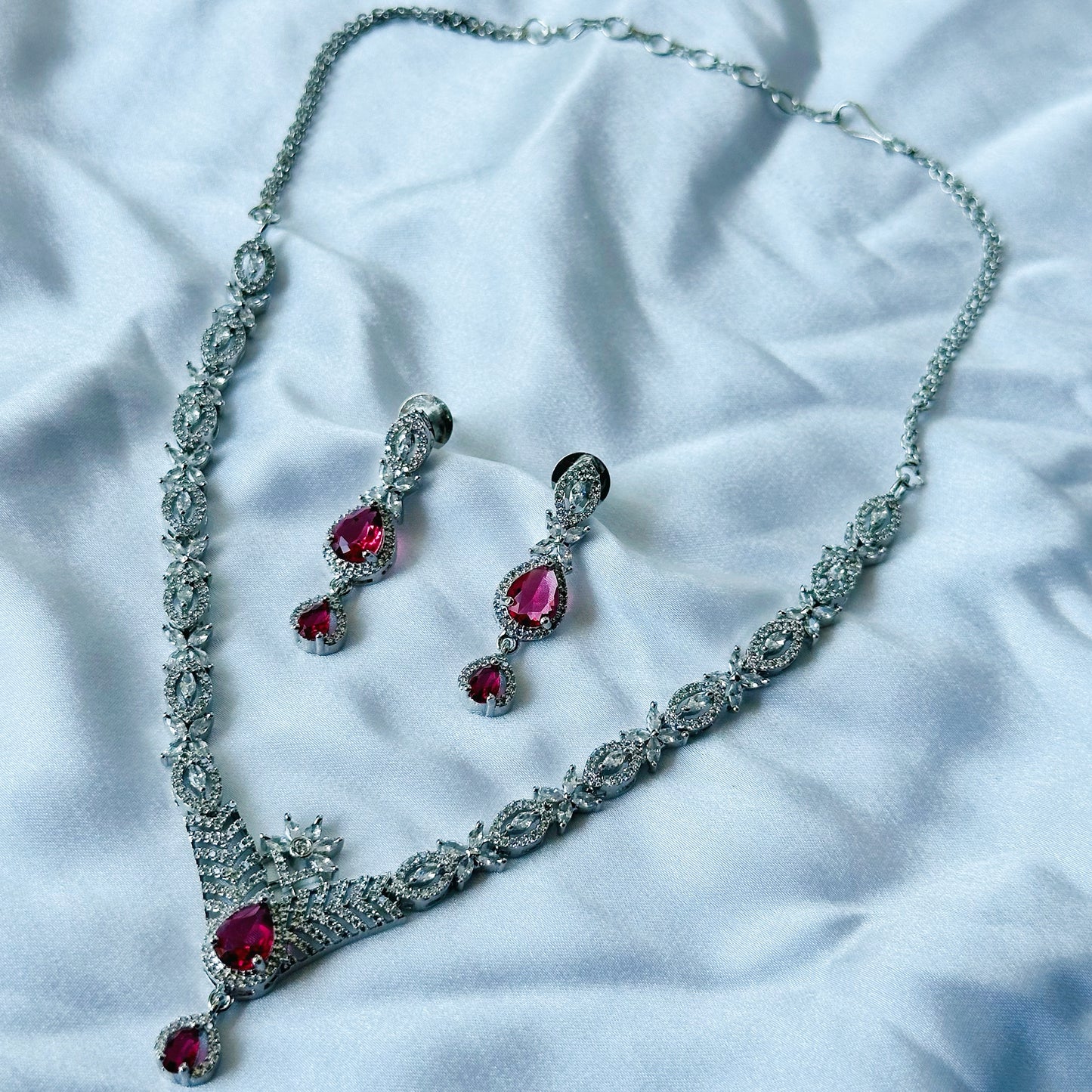 Red Ruby Cubic Zircon Stone American Diamond Silver Plated Necklace Set