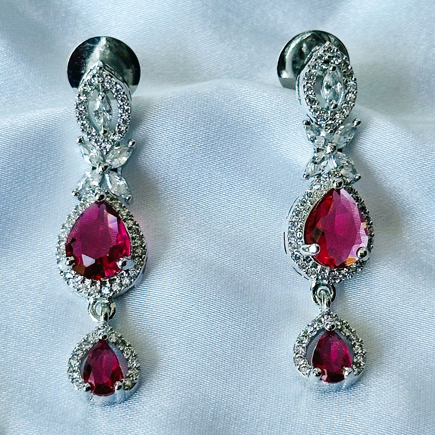 Red Ruby Cubic Zircon Stone American Diamond Silver Plated Necklace Set