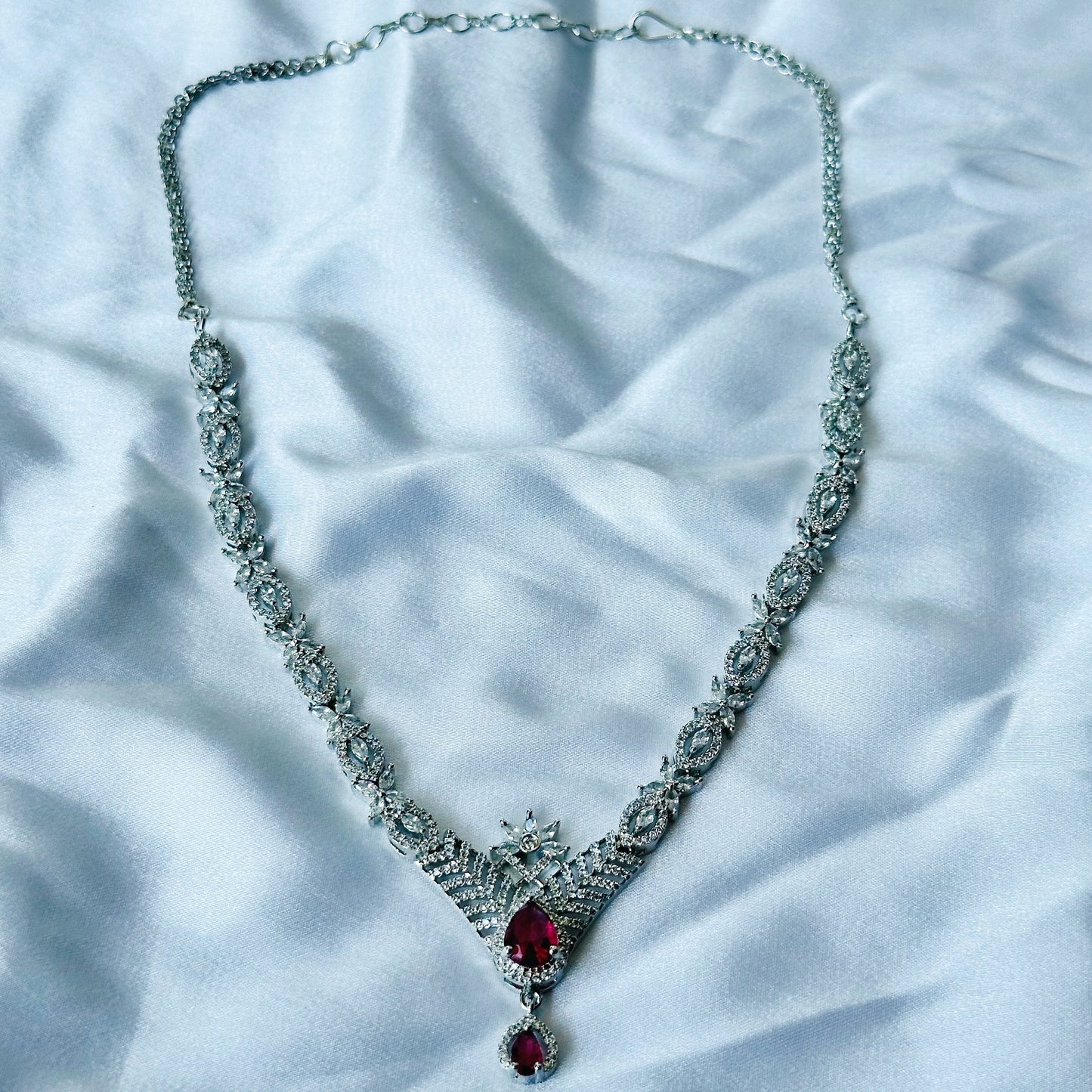 Red Ruby Cubic Zircon Stone American Diamond Silver Plated Necklace Set