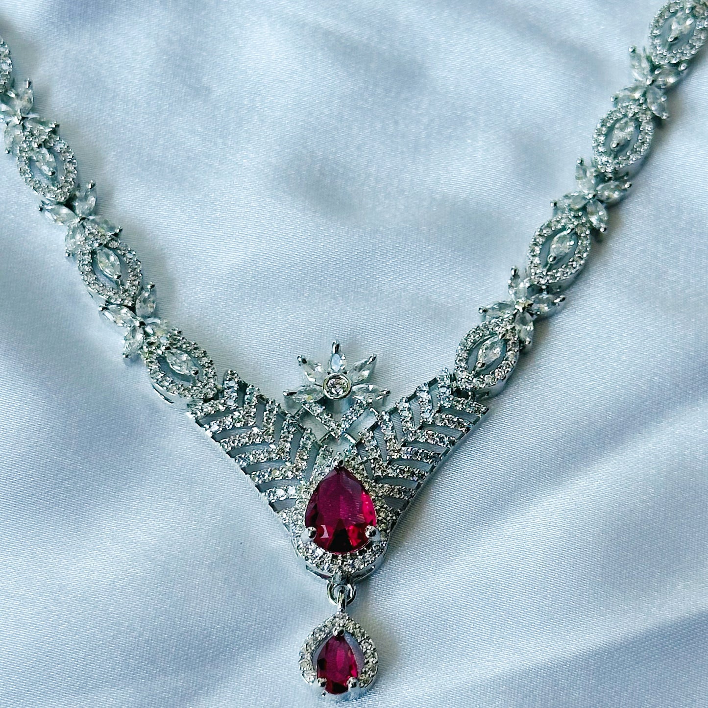 Red Ruby Cubic Zircon Stone American Diamond Silver Plated Necklace Set