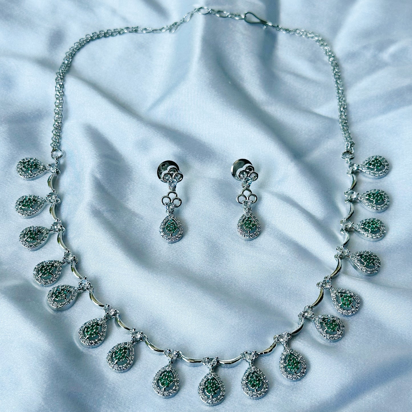 Green Emerald Cubic Zircon Stones American Diamond Silver Plated Necklace Set
