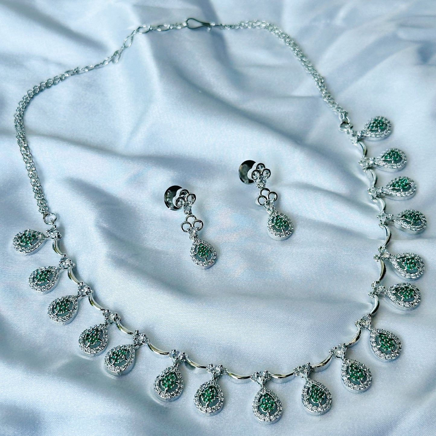 Green Emerald Cubic Zircon Stones American Diamond Silver Plated Necklace Set