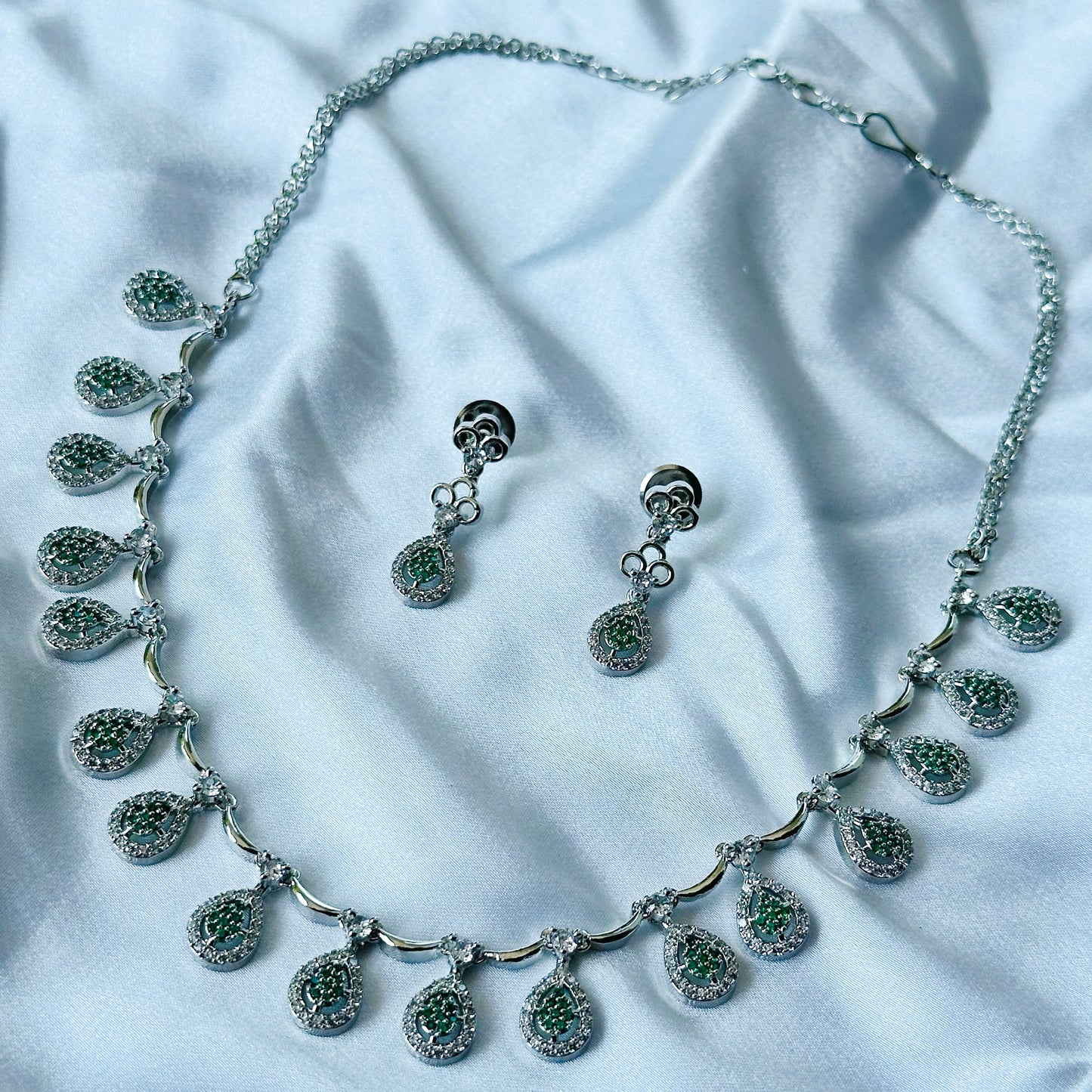 Green Emerald Cubic Zircon Stones American Diamond Silver Plated Necklace Set