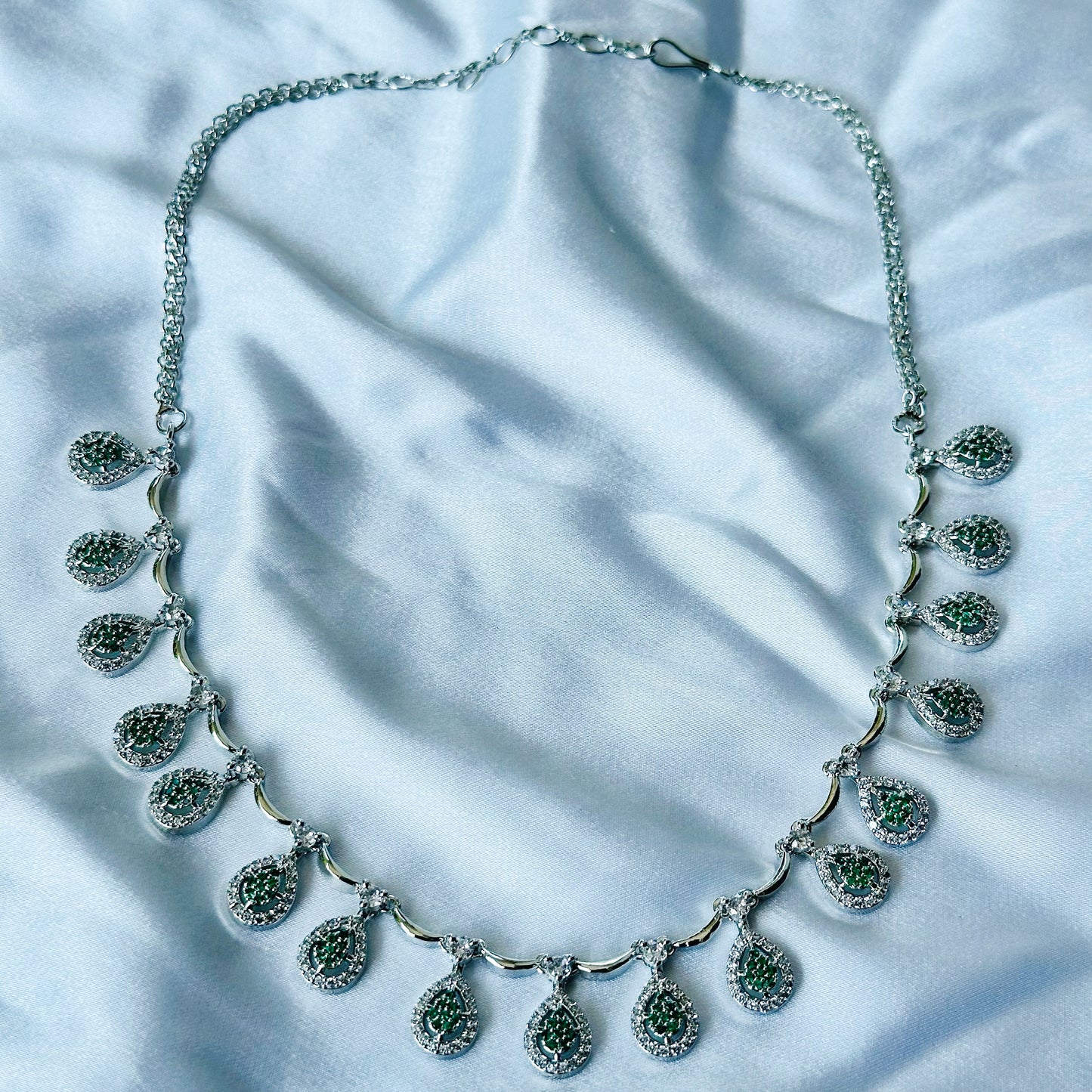 Green Emerald Cubic Zircon Stones American Diamond Silver Plated Necklace Set