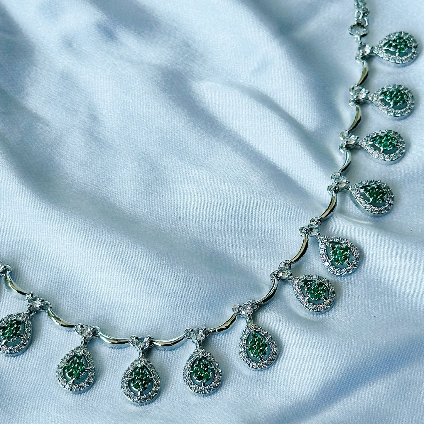 Green Emerald Cubic Zircon Stones American Diamond Silver Plated Necklace Set