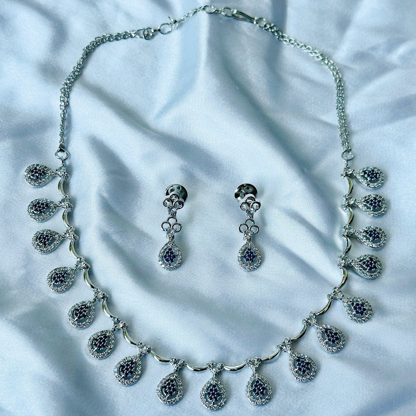 Blue Sapphire Cubic Zircon Stones American Diamond Silver Plated Necklace Set