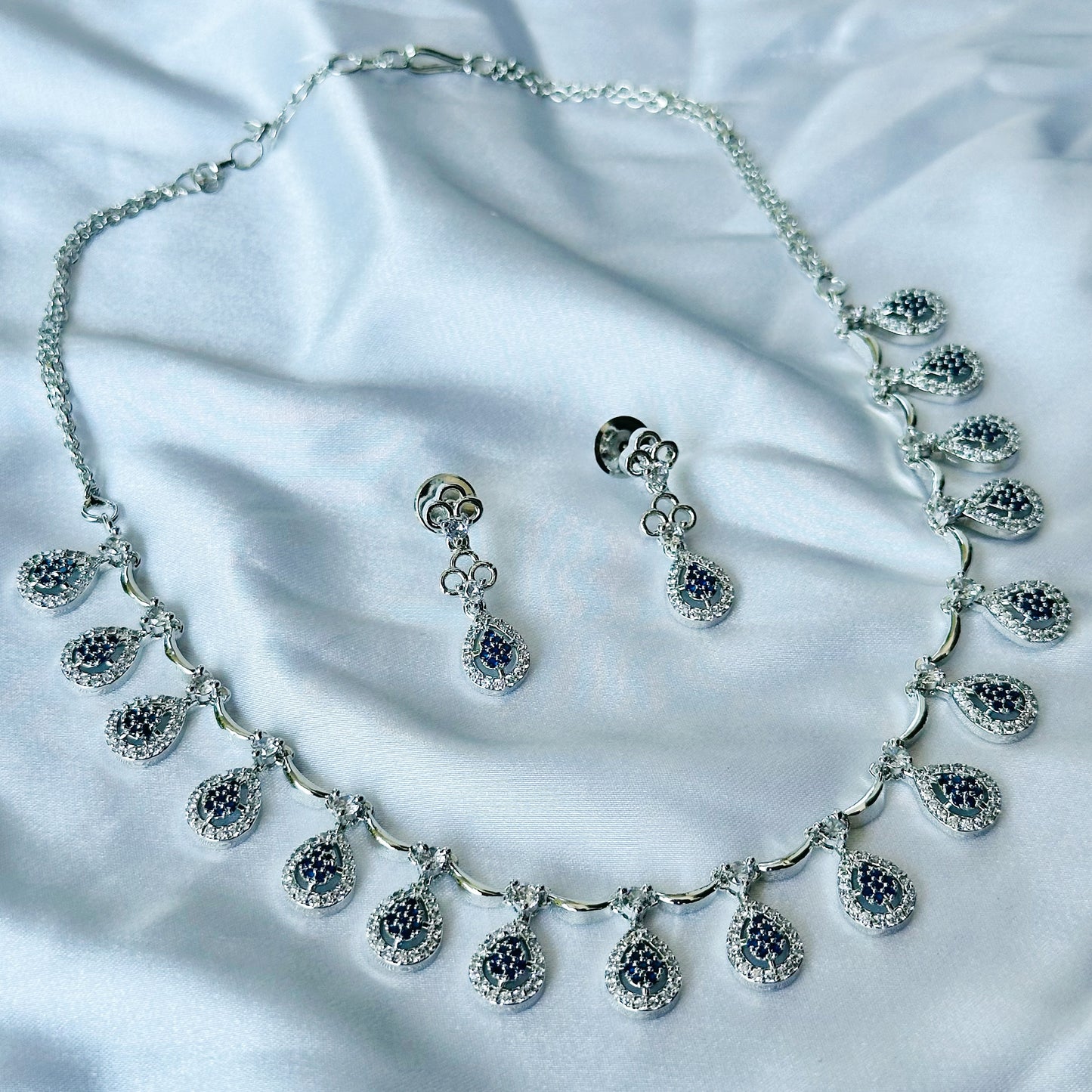 Blue Sapphire Cubic Zircon Stones American Diamond Silver Plated Necklace Set