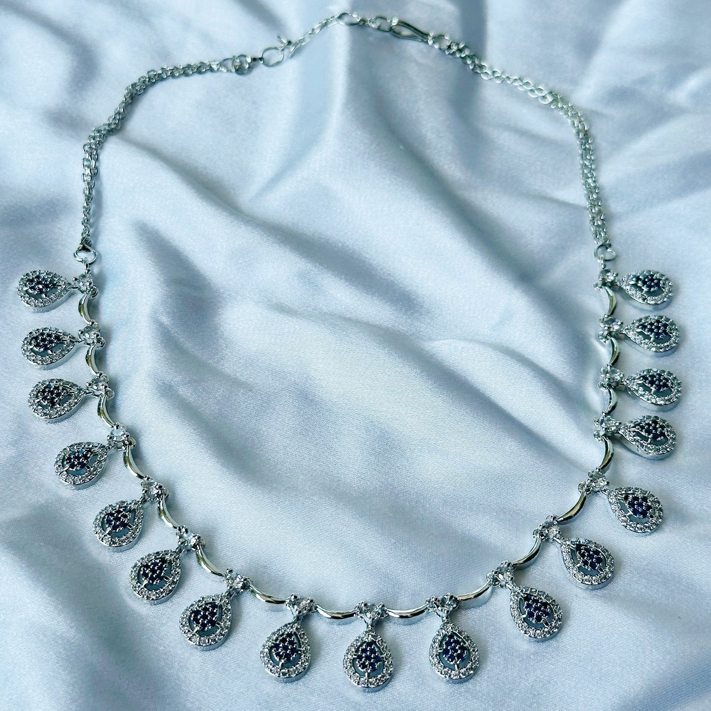 Blue Sapphire Cubic Zircon Stones American Diamond Silver Plated Necklace Set