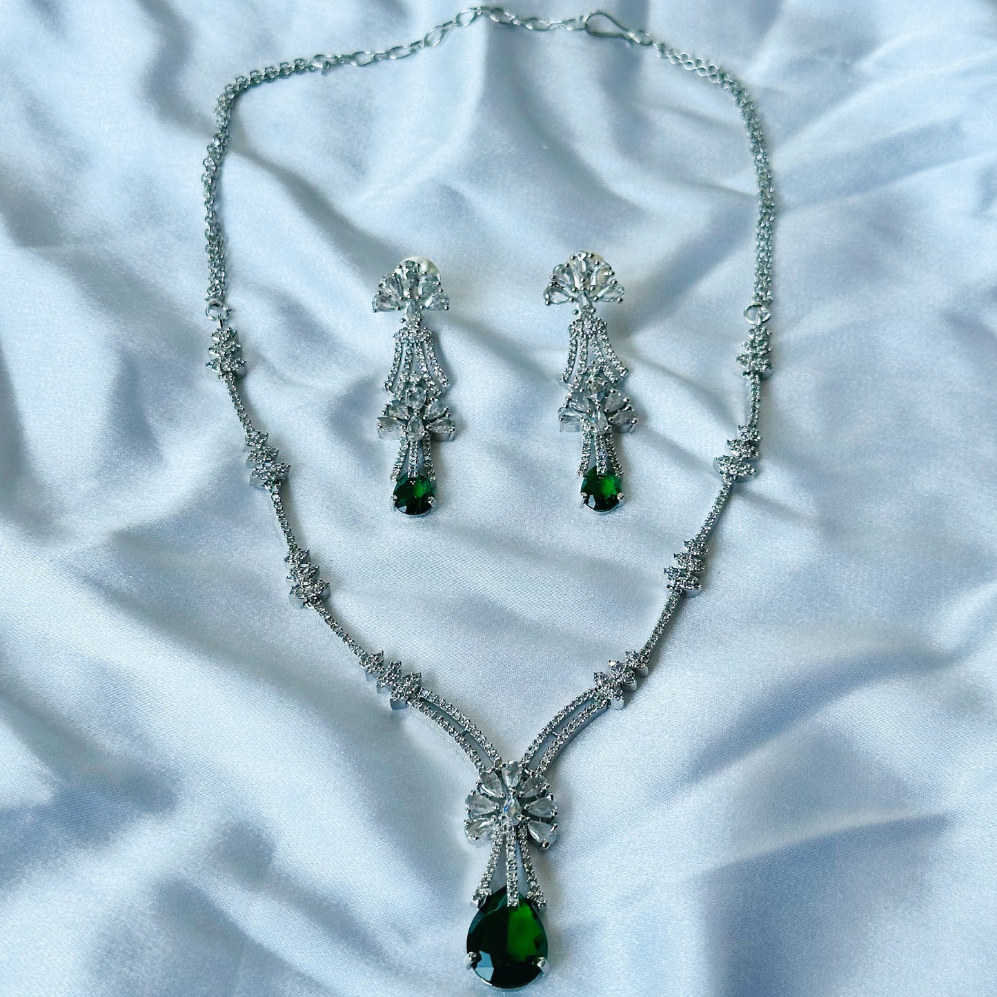 Green Emerald Cubic Zircon Stones American Diamond Silver Plated Necklace Set