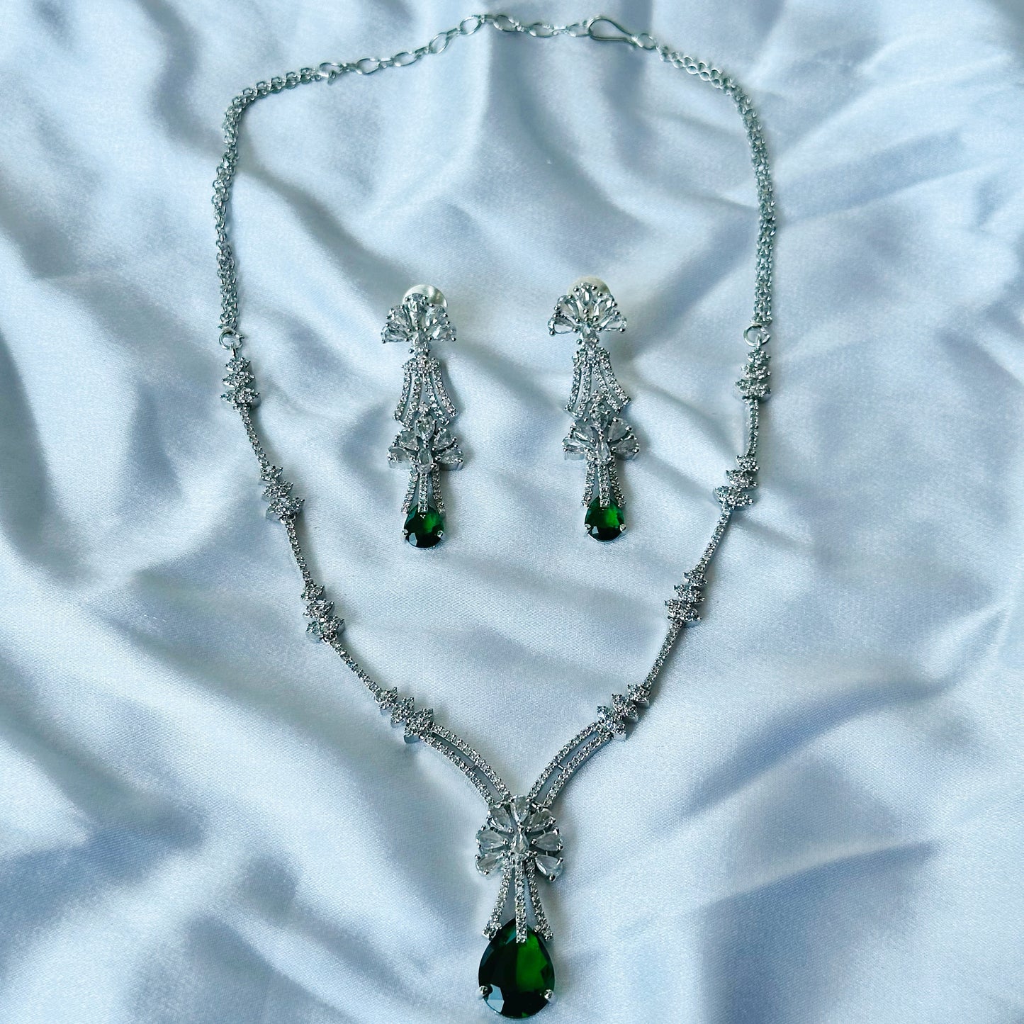 Green Emerald Cubic Zircon Stones American Diamond Silver Plated Necklace Set