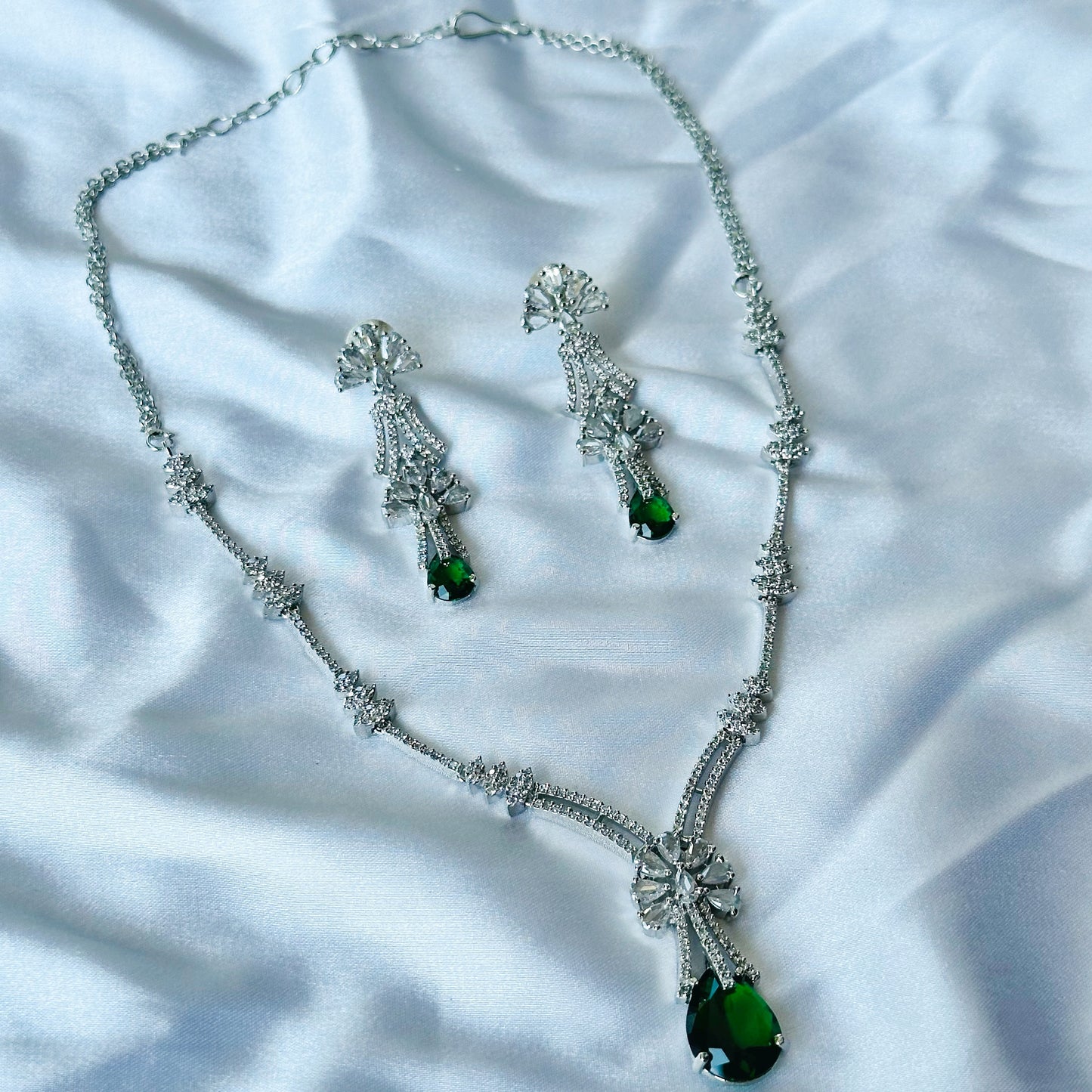 Green Emerald Cubic Zircon Stones American Diamond Silver Plated Necklace Set