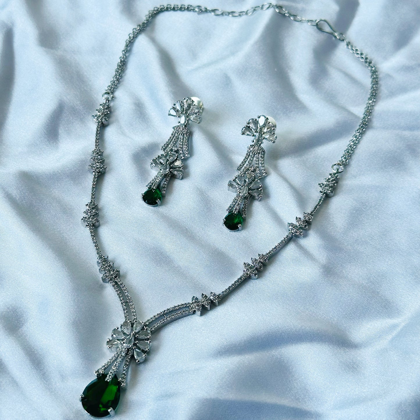 Green Emerald Cubic Zircon Stones American Diamond Silver Plated Necklace Set