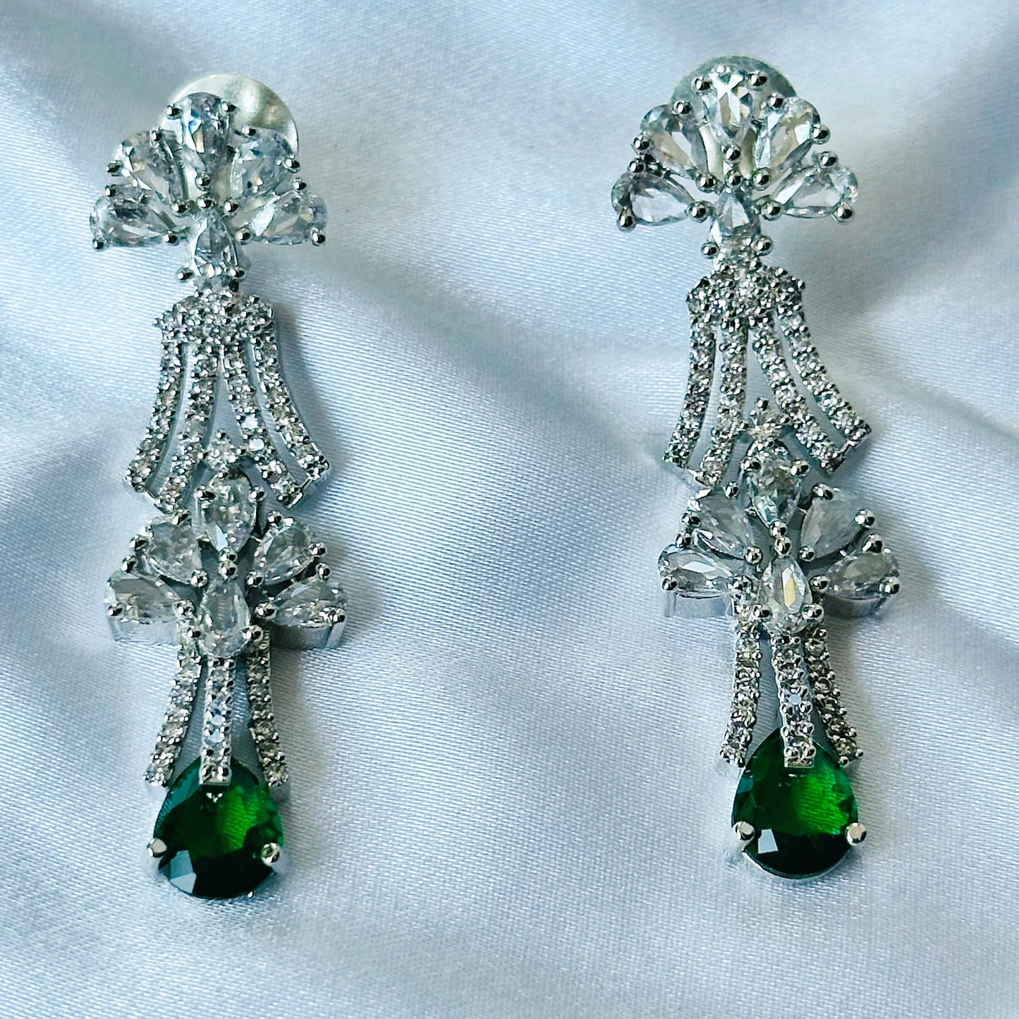 Green Emerald Cubic Zircon Stones American Diamond Silver Plated Necklace Set