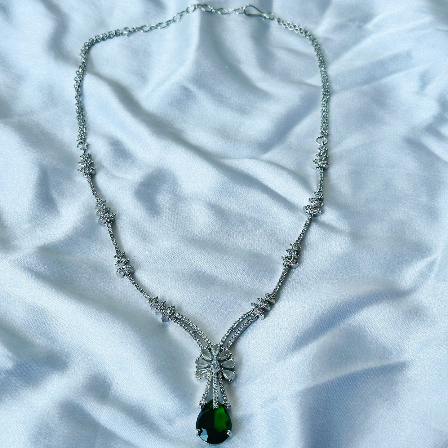 Green Emerald Cubic Zircon Stones American Diamond Silver Plated Necklace Set