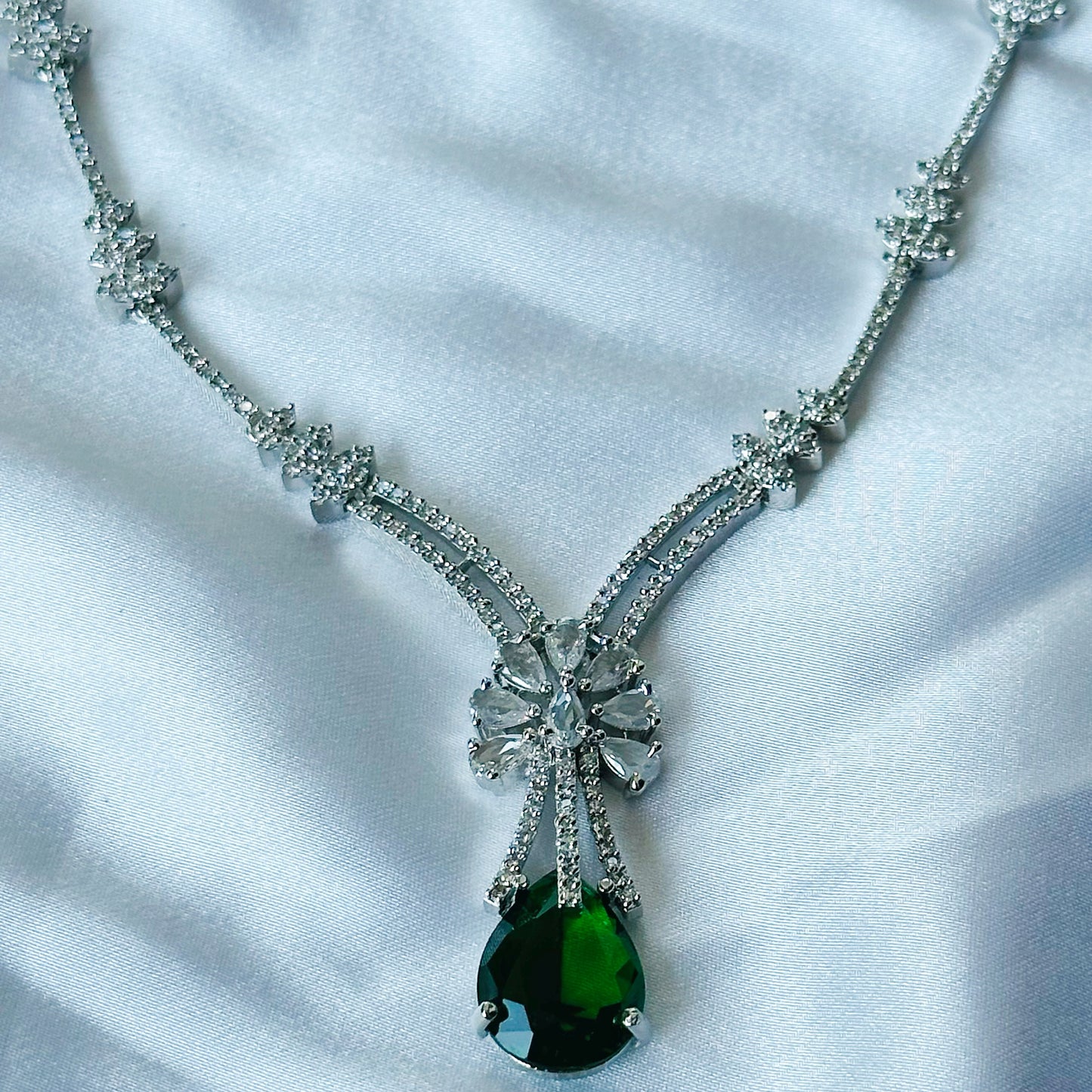 Green Emerald Cubic Zircon Stones American Diamond Silver Plated Necklace Set