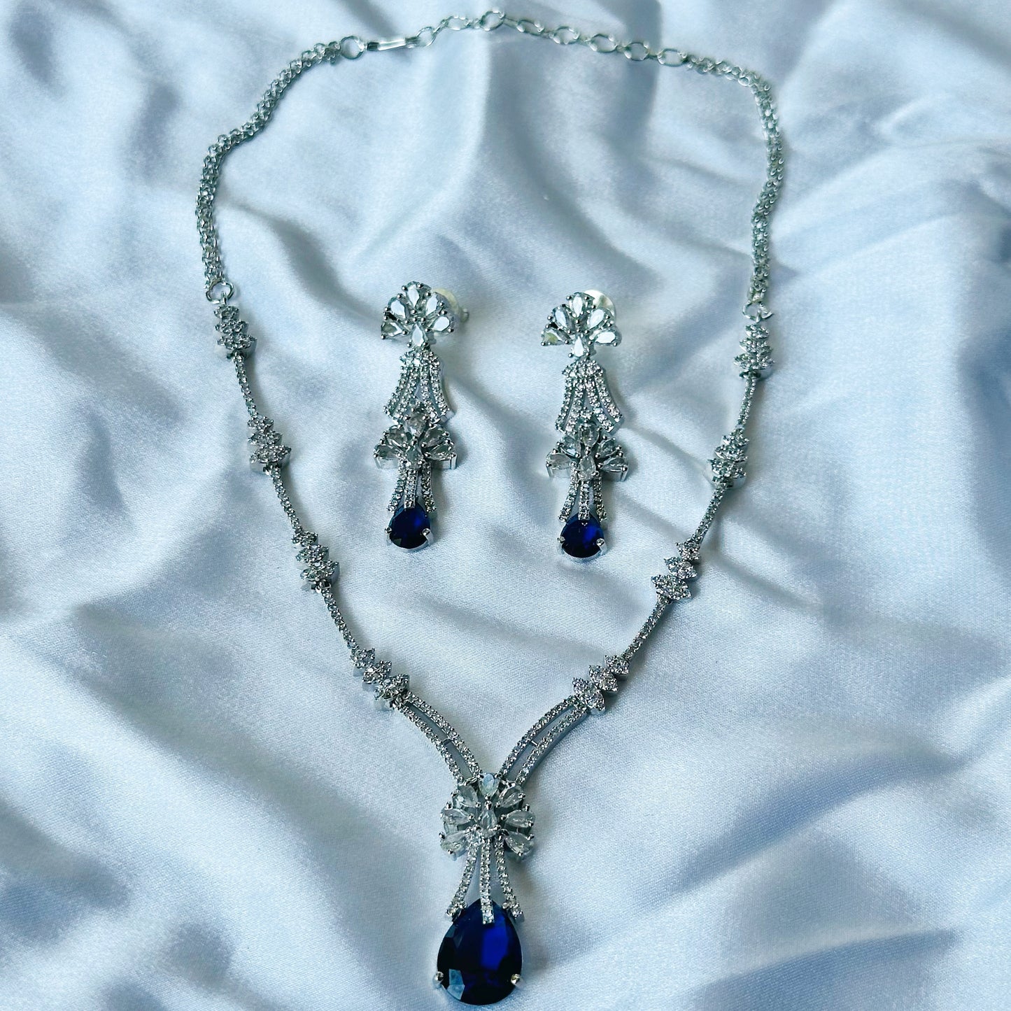 Blue Sapphire Cubic Zircon Stones American Diamond Silver Plated Necklace Set