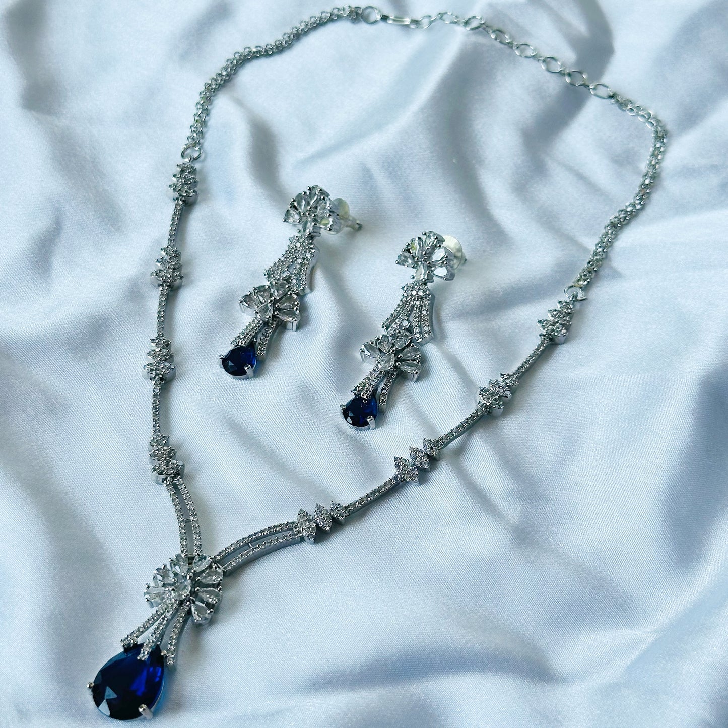 Blue Sapphire Cubic Zircon Stones American Diamond Silver Plated Necklace Set