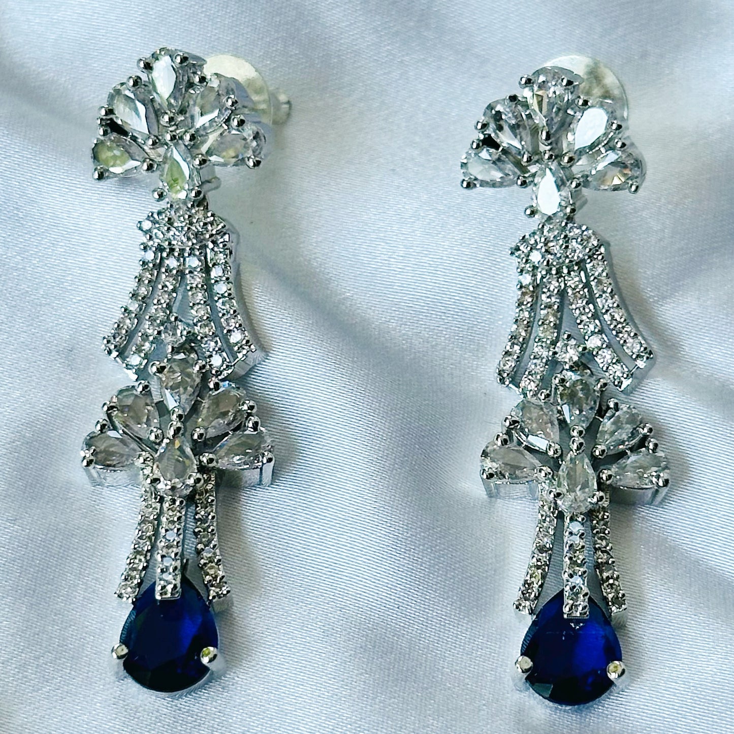 Blue Sapphire Cubic Zircon Stones American Diamond Silver Plated Necklace Set