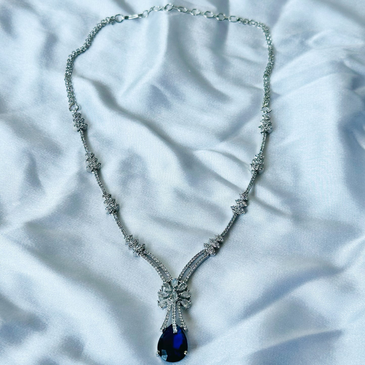 Blue Sapphire Cubic Zircon Stones American Diamond Silver Plated Necklace Set