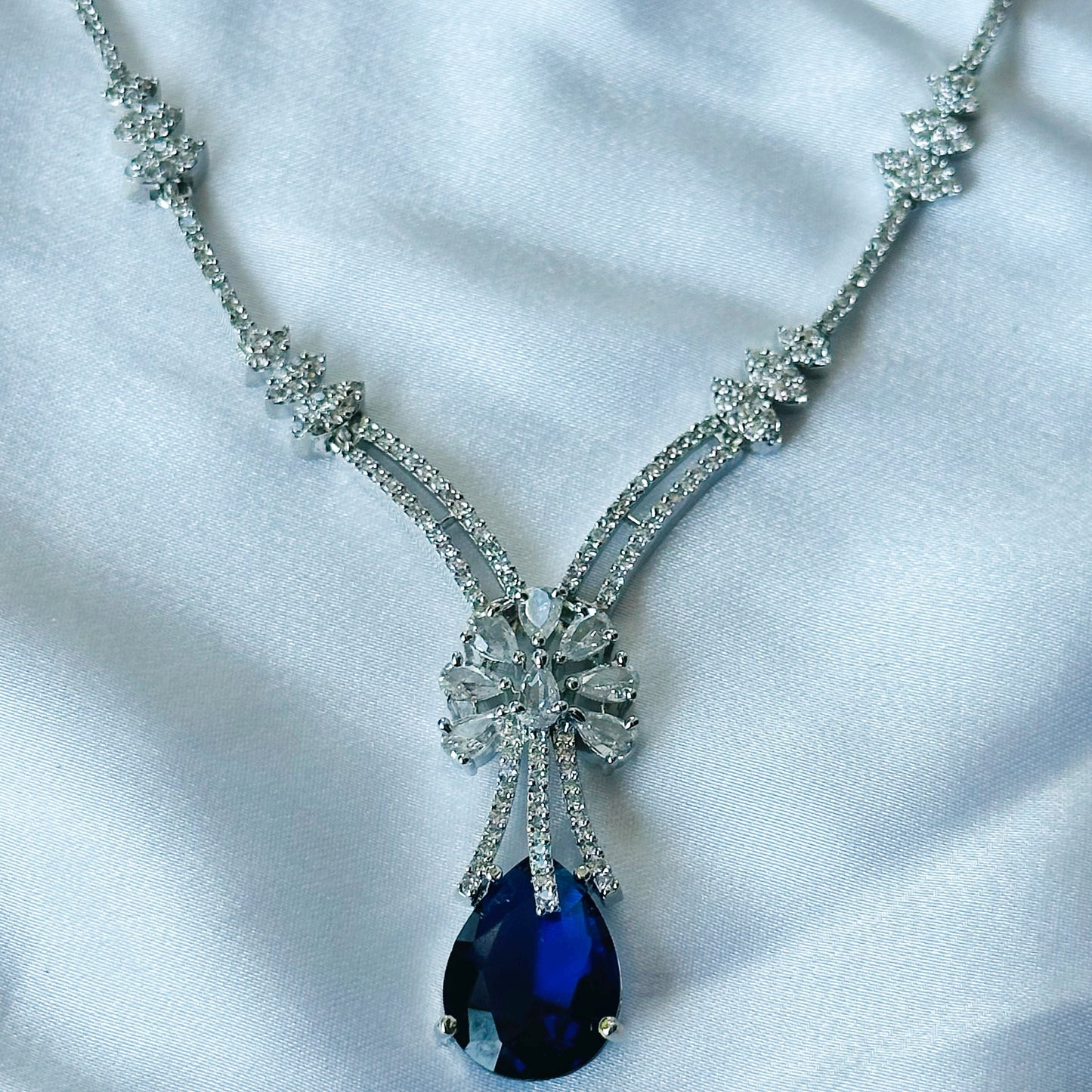 Blue Sapphire Cubic Zircon Stones American Diamond Silver Plated Necklace Set