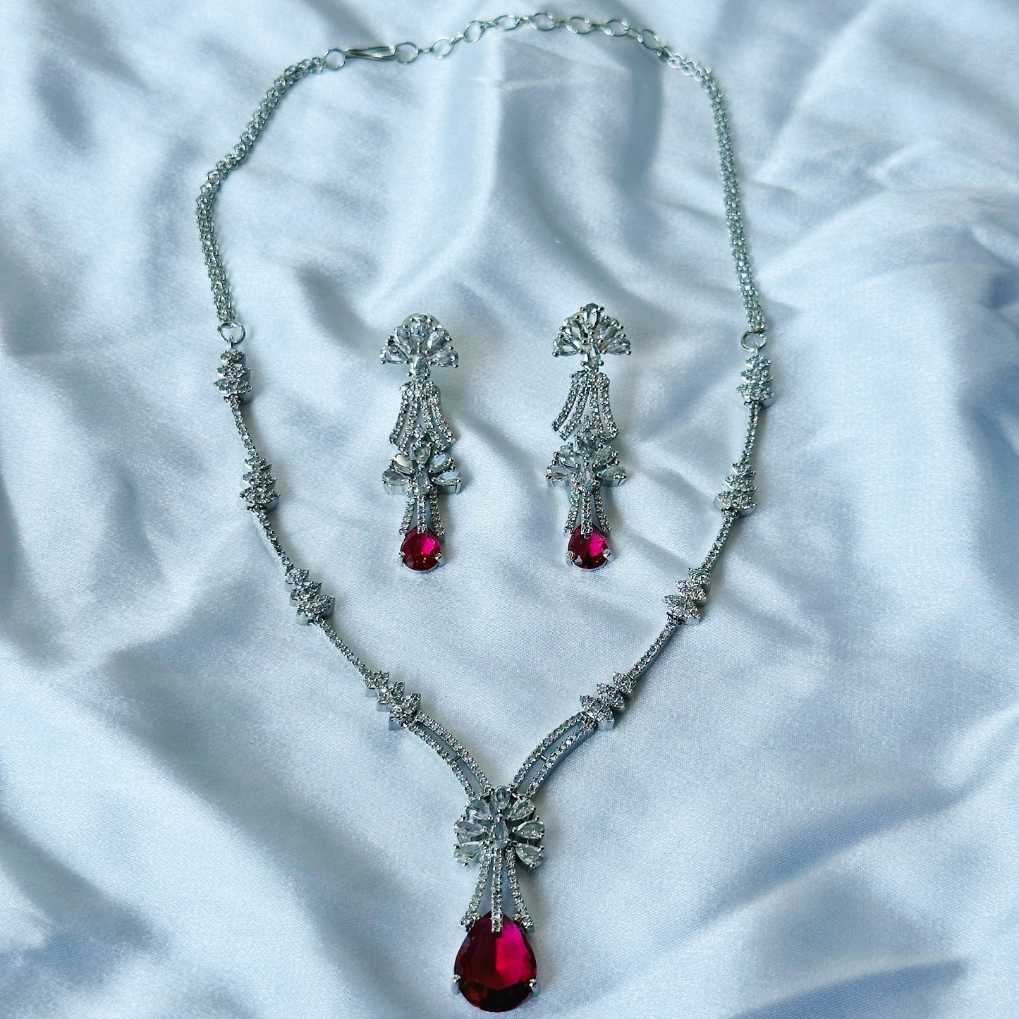 Red Ruby Cubic Zircon Stones American Diamond Silver Plated Necklace Set