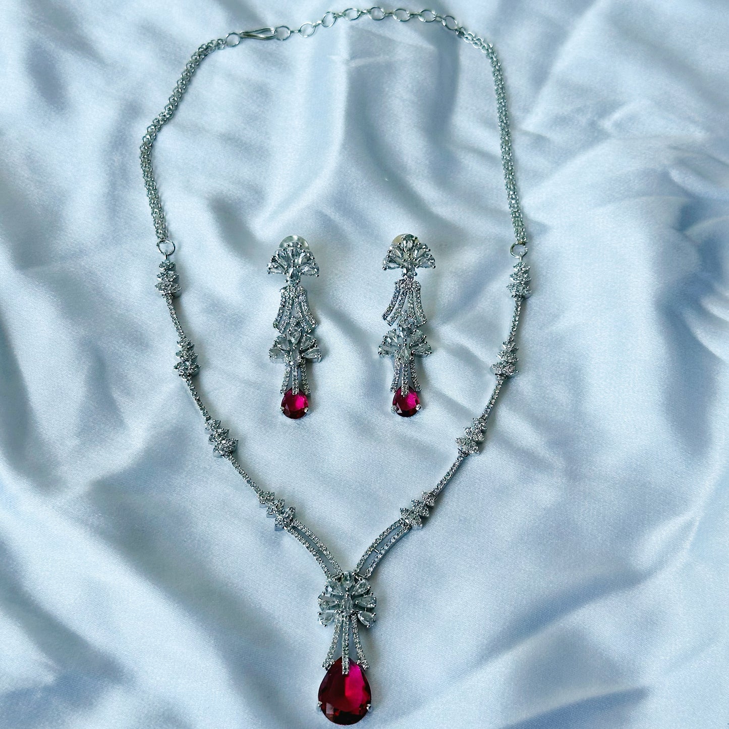 Red Ruby Cubic Zircon Stones American Diamond Silver Plated Necklace Set