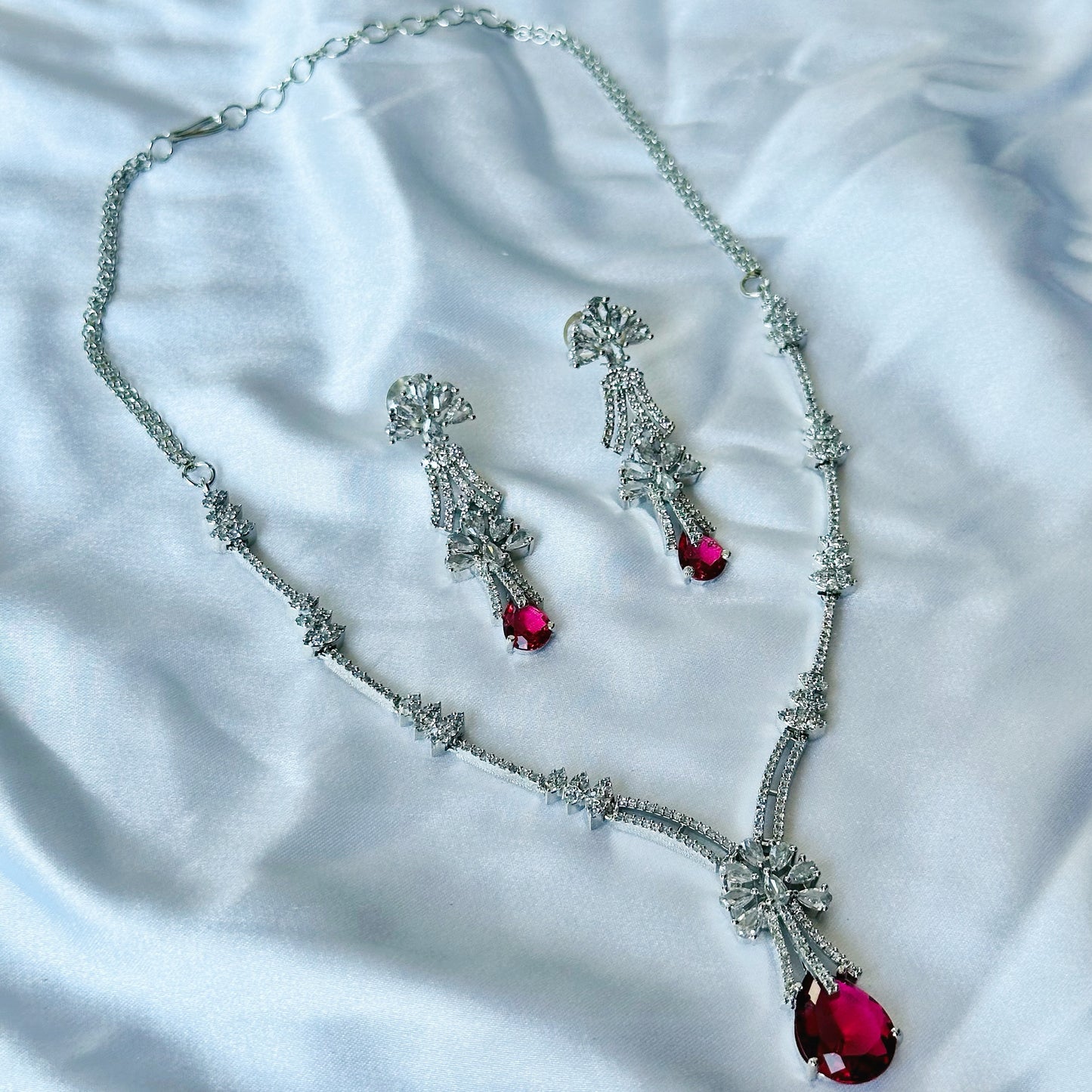 Red Ruby Cubic Zircon Stones American Diamond Silver Plated Necklace Set