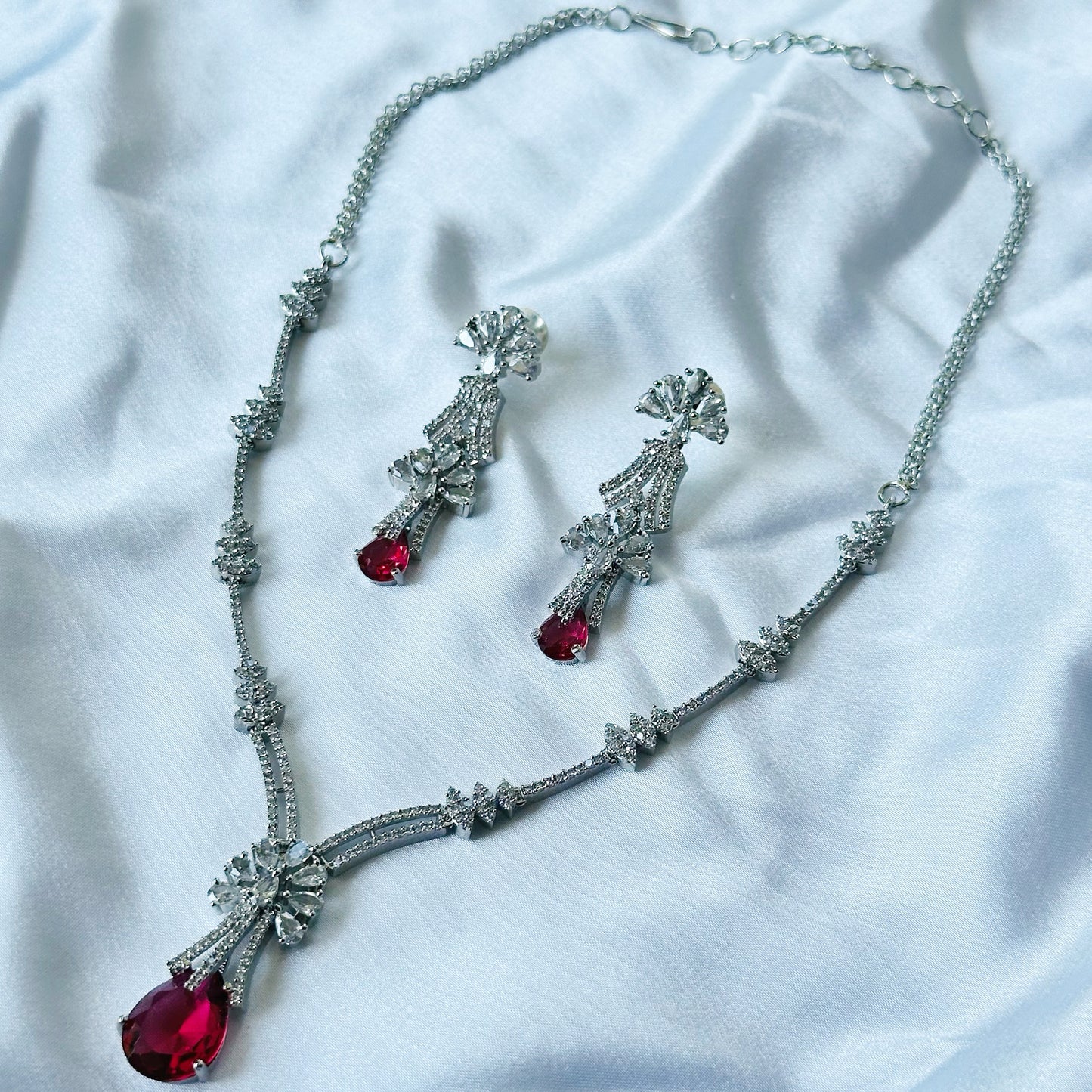 Red Ruby Cubic Zircon Stones American Diamond Silver Plated Necklace Set