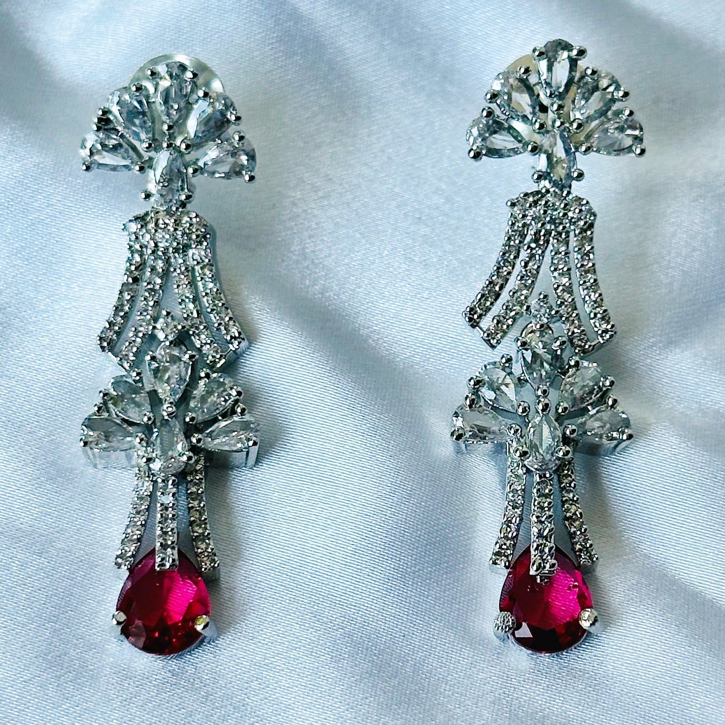 Red Ruby Cubic Zircon Stones American Diamond Silver Plated Necklace Set