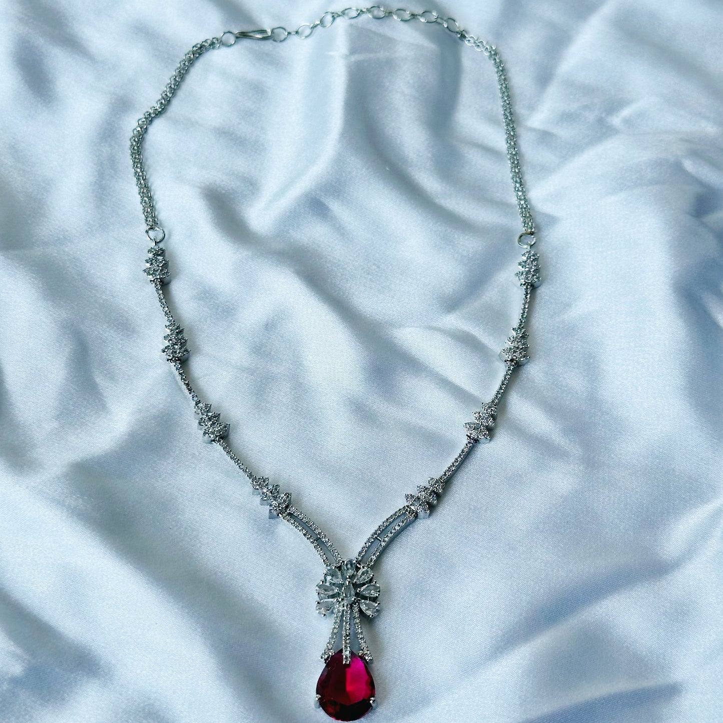 Red Ruby Cubic Zircon Stones American Diamond Silver Plated Necklace Set