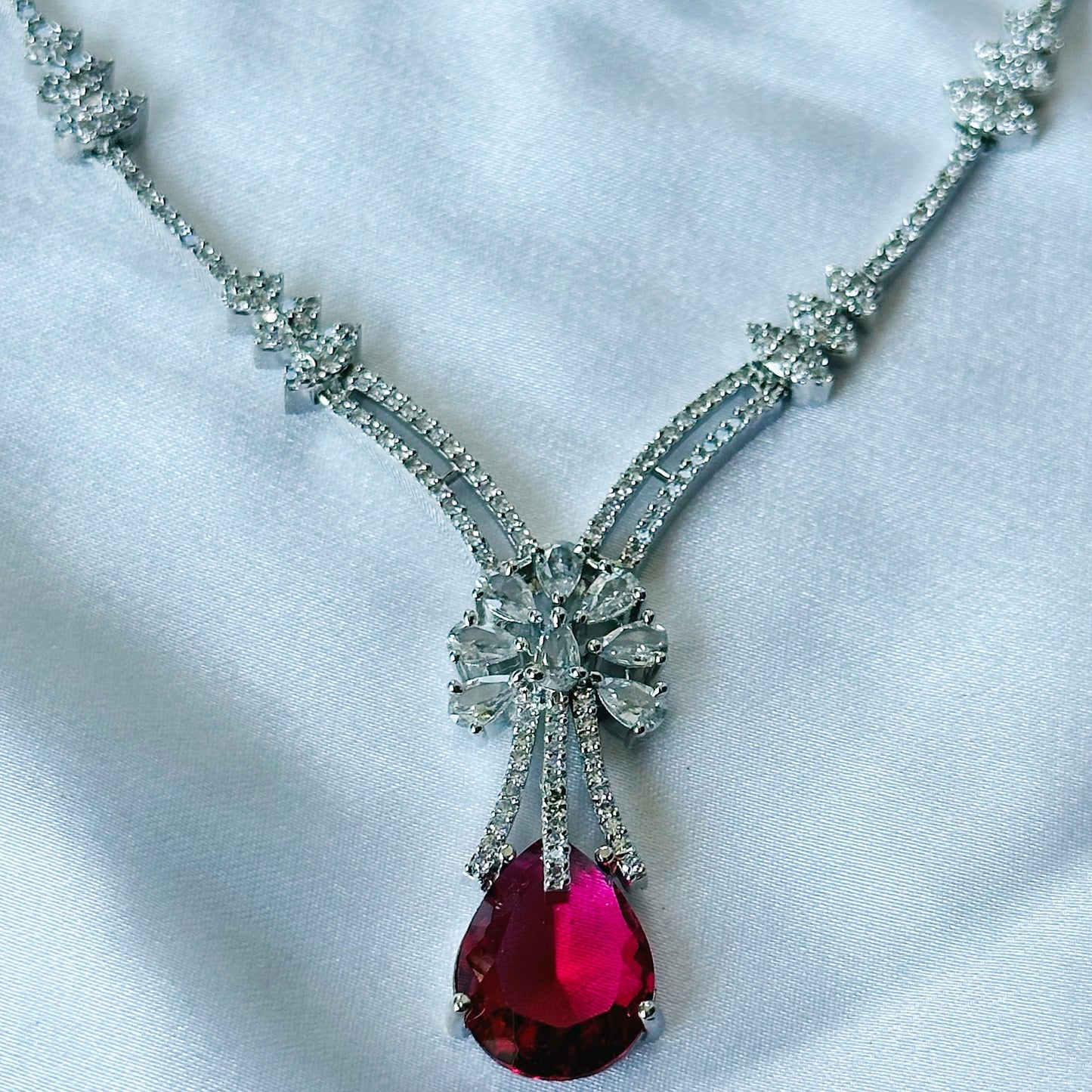 Red Ruby Cubic Zircon Stones American Diamond Silver Plated Necklace Set