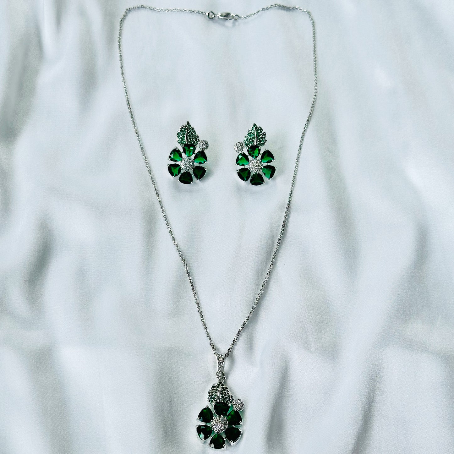 Green Emerald Cubic Zircon American Diamond Silver Plated Pendant Set