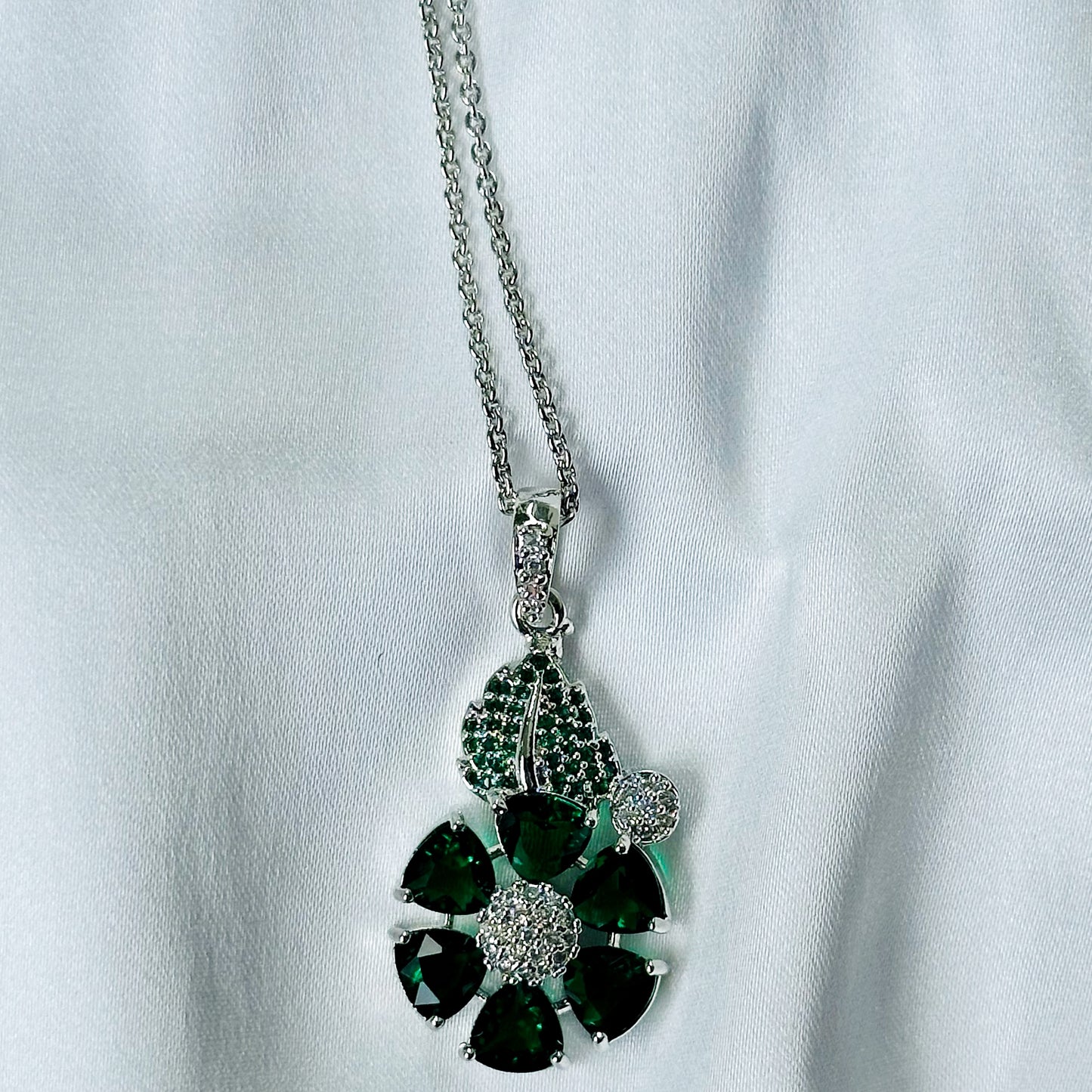Green Emerald Cubic Zircon American Diamond Silver Plated Pendant Set