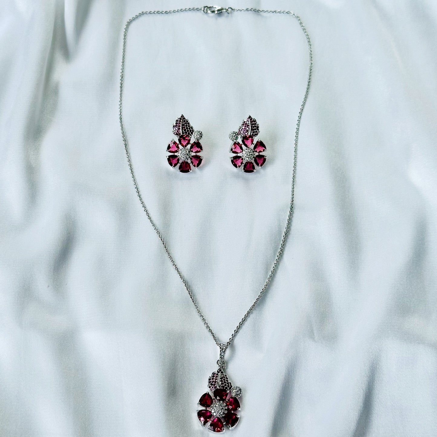 Red Ruby Cubic Zircon American Diamond Silver Plated Pendant Set