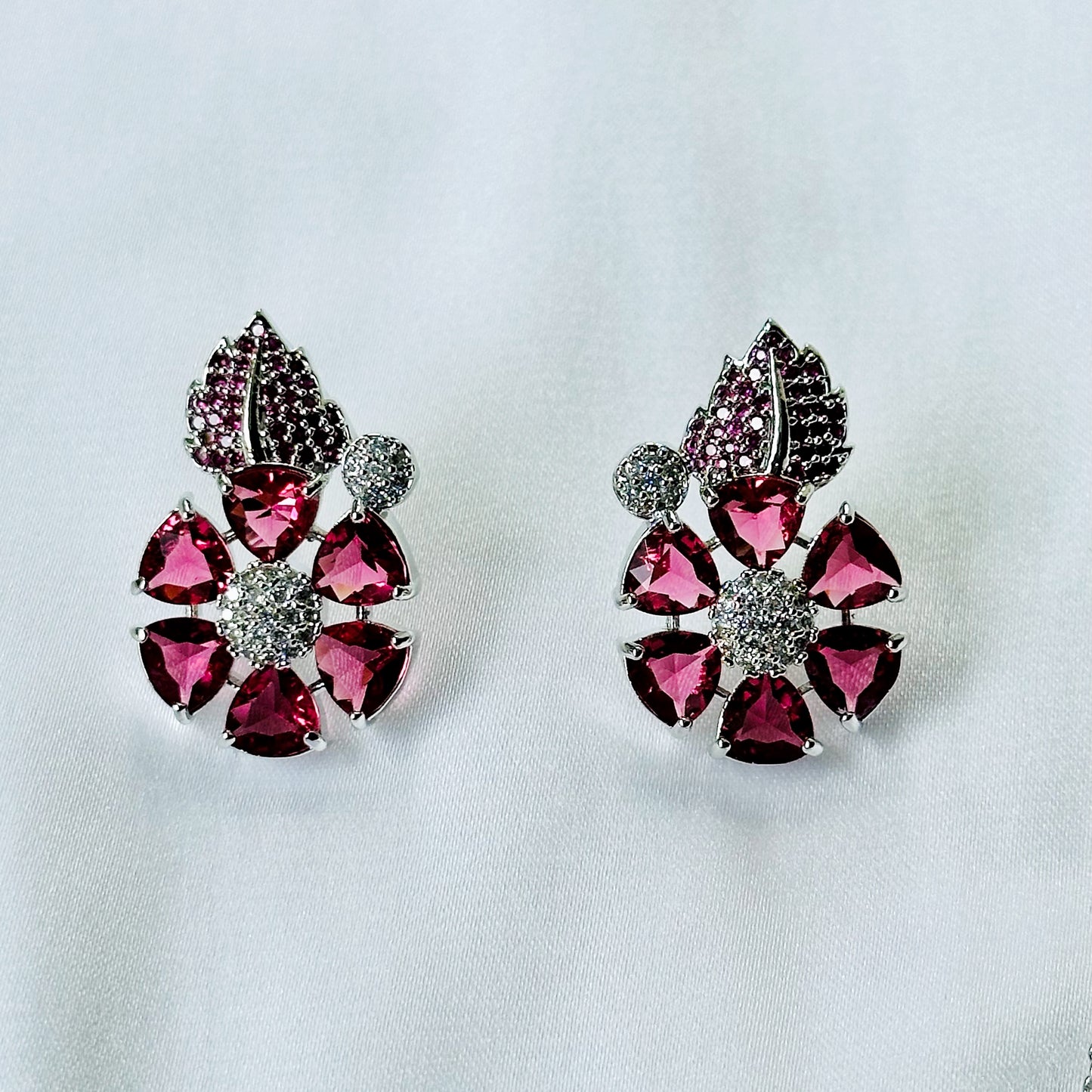 Red Ruby Cubic Zircon American Diamond Silver Plated Pendant Set
