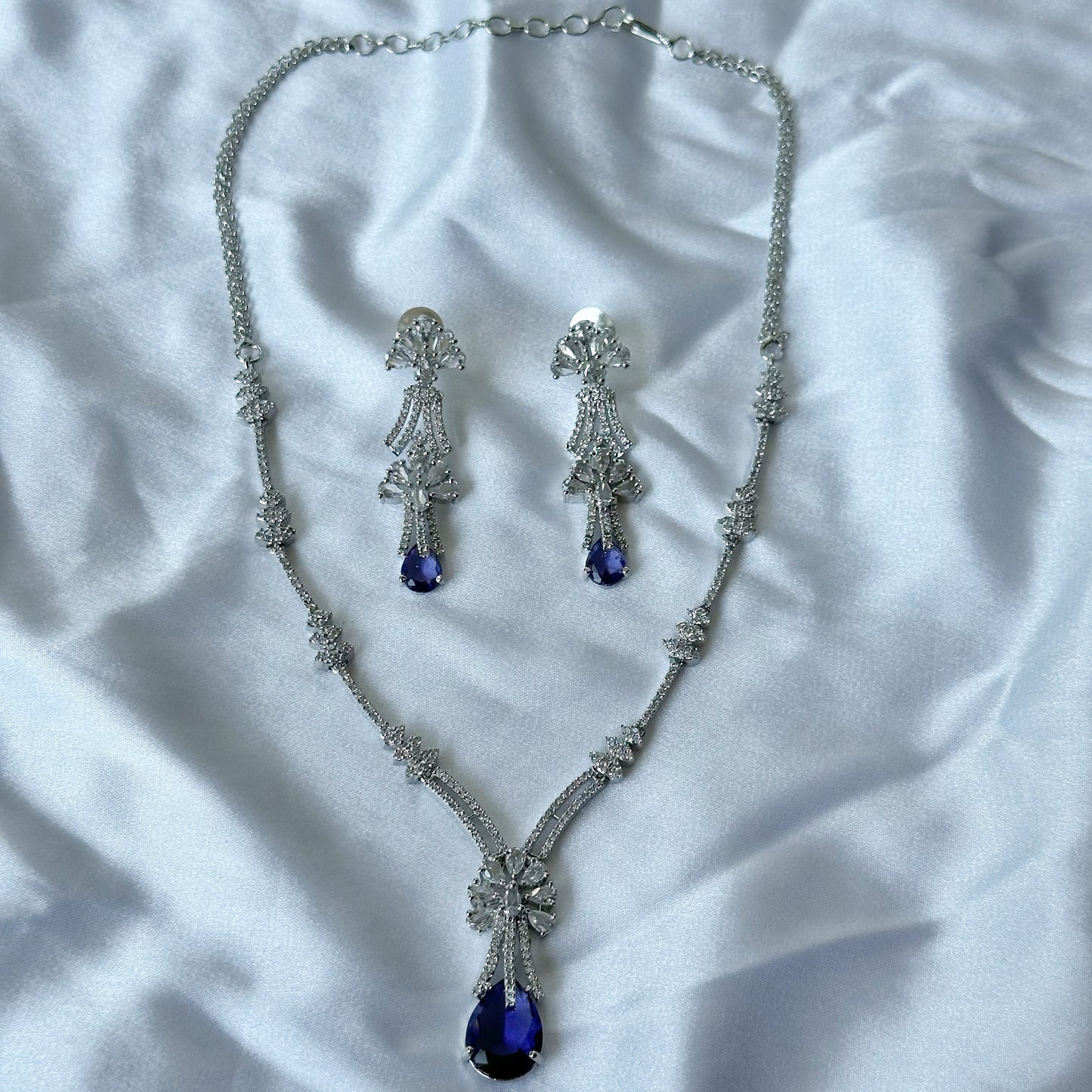 Deep Purple Amethyst Cubic Zircon Stones American Diamond Silver Plated Necklace Set
