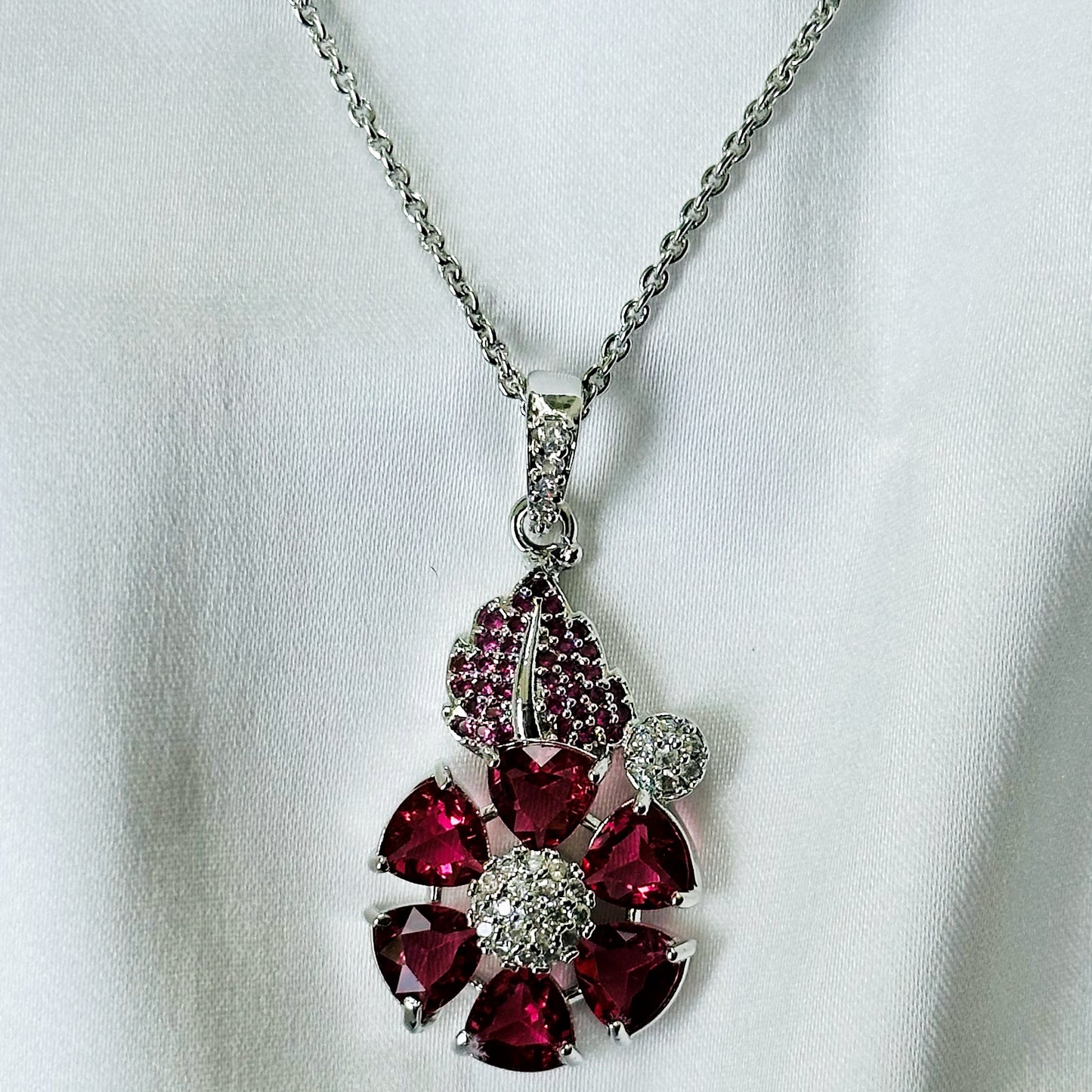 Red Ruby Cubic Zircon American Diamond Silver Plated Pendant Set