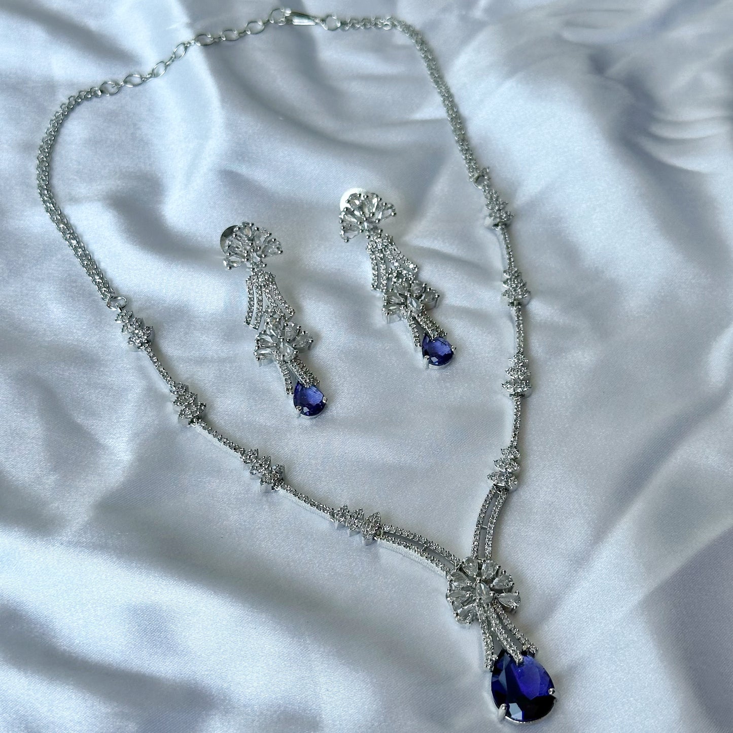 Deep Purple Amethyst Cubic Zircon Stones American Diamond Silver Plated Necklace Set