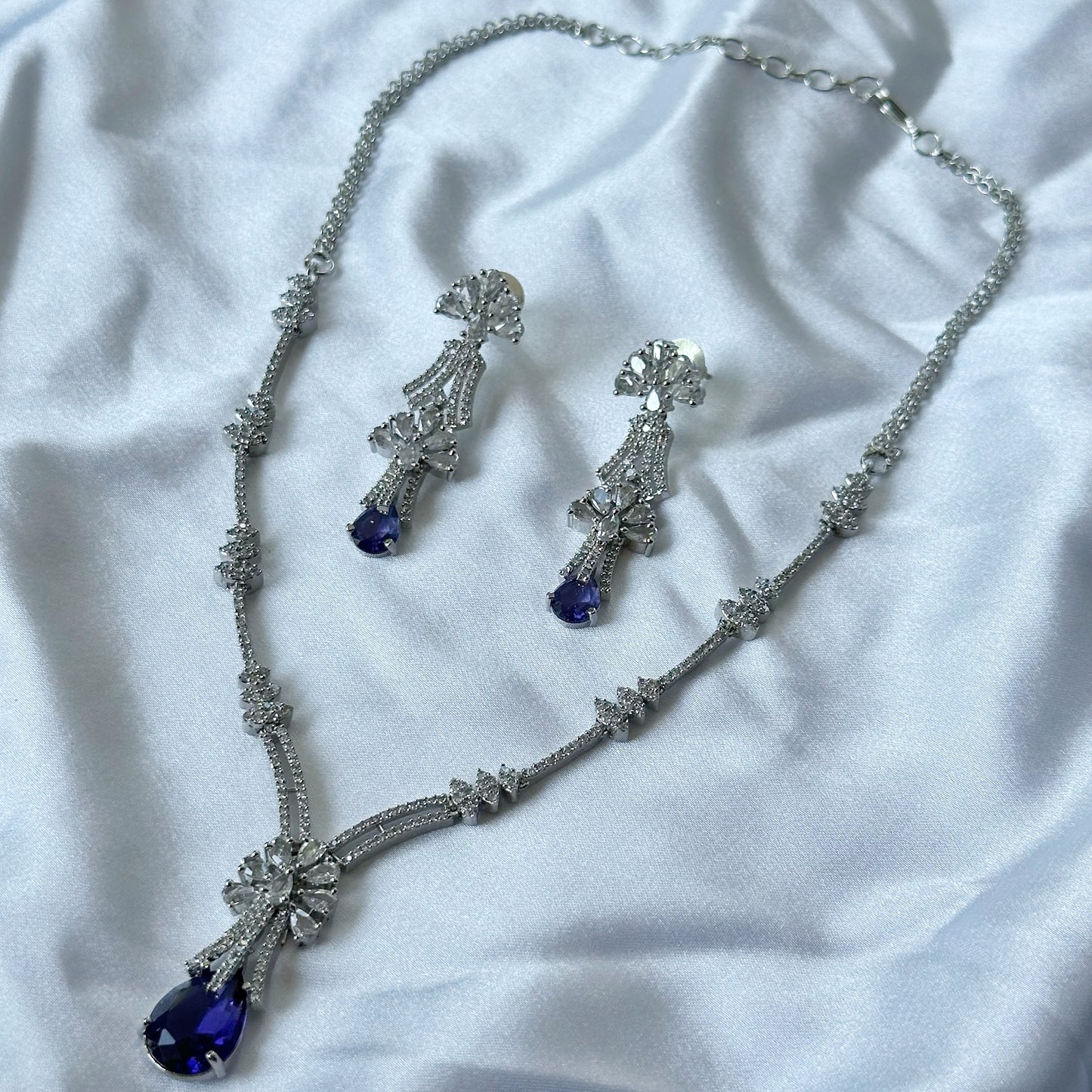 Deep Purple Amethyst Cubic Zircon Stones American Diamond Silver Plated Necklace Set
