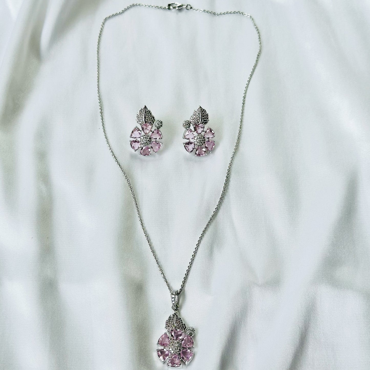 Pink Topaz Cubic Zircon American Diamond Silver Plated Pendant Set