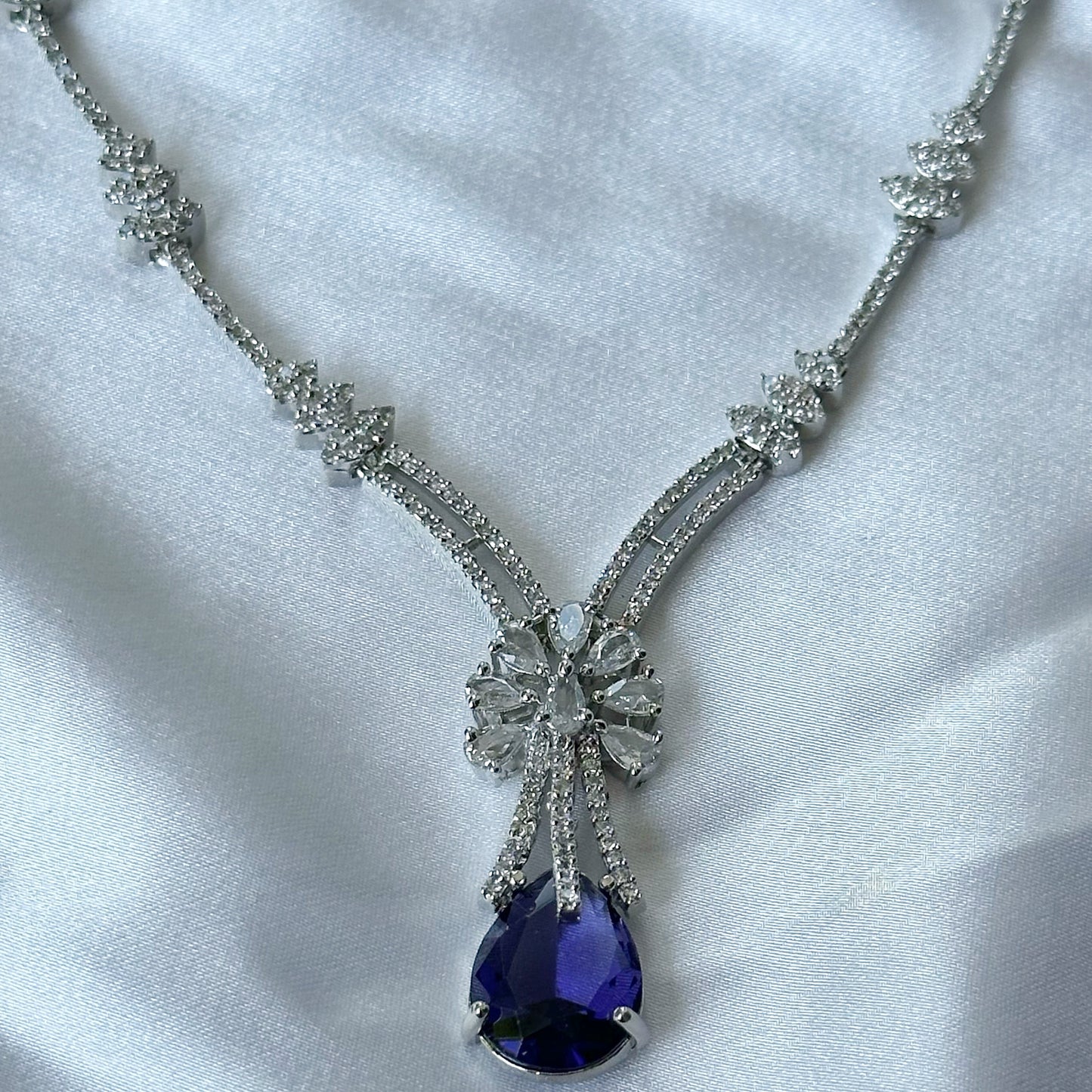 Deep Purple Amethyst Cubic Zircon Stones American Diamond Silver Plated Necklace Set