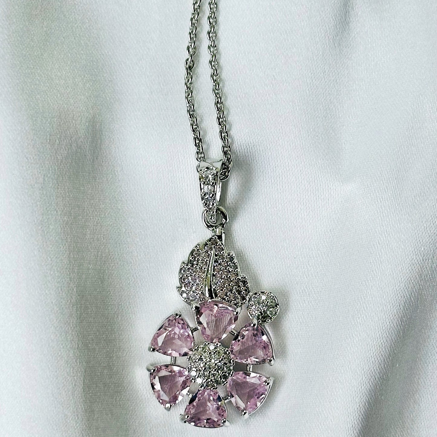 Pink Topaz Cubic Zircon American Diamond Silver Plated Pendant Set
