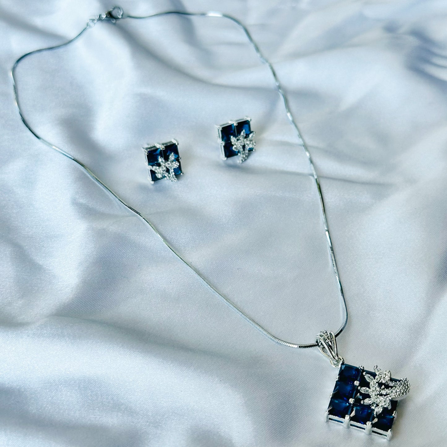 Blue Sapphire Cubic Zircon American Diamond Silver Plated Pendant Set