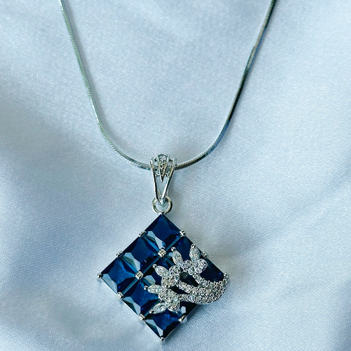 Blue Sapphire Cubic Zircon American Diamond Silver Plated Pendant Set