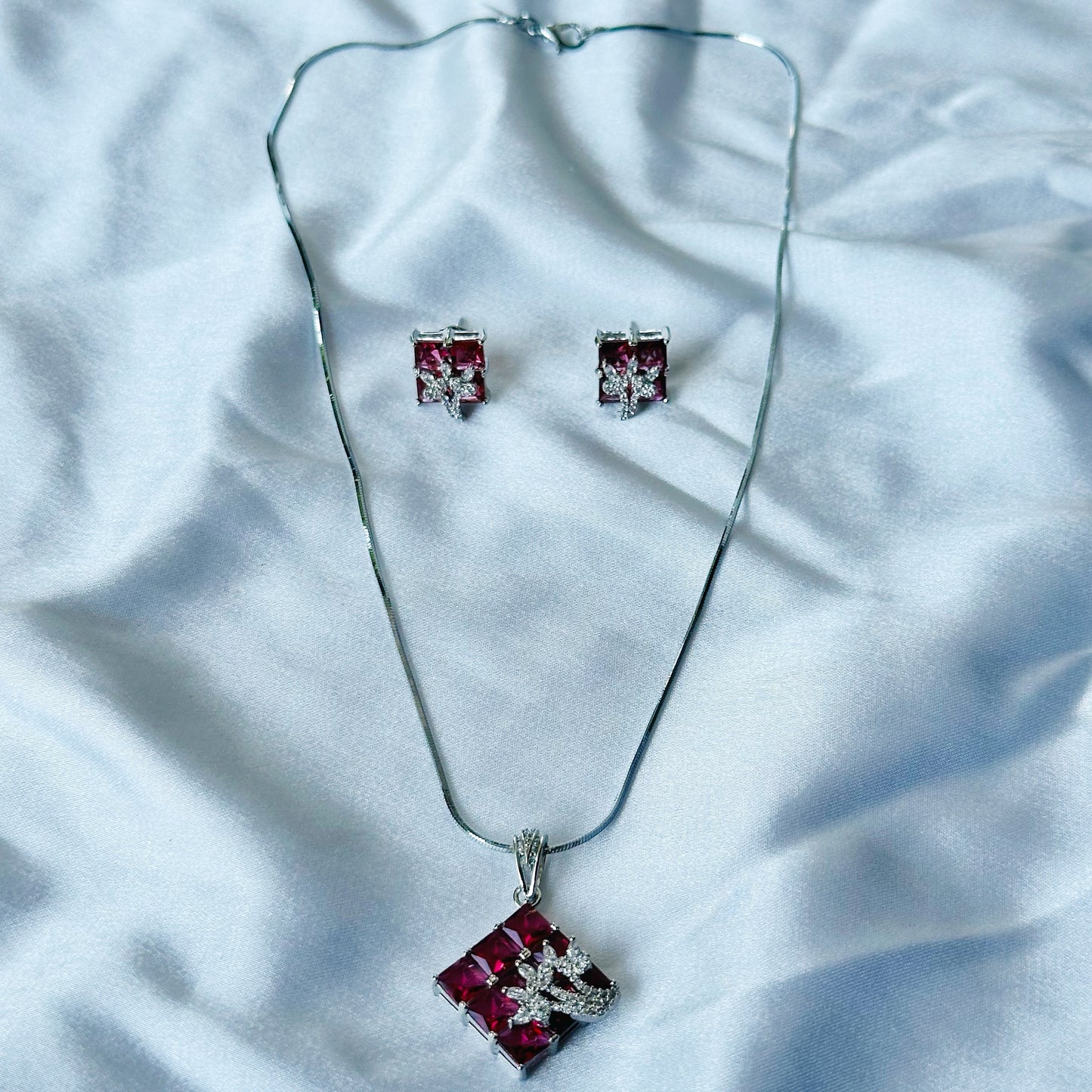 Red Ruby Cubic Zircon American Diamond Silver Plated Pendant Set