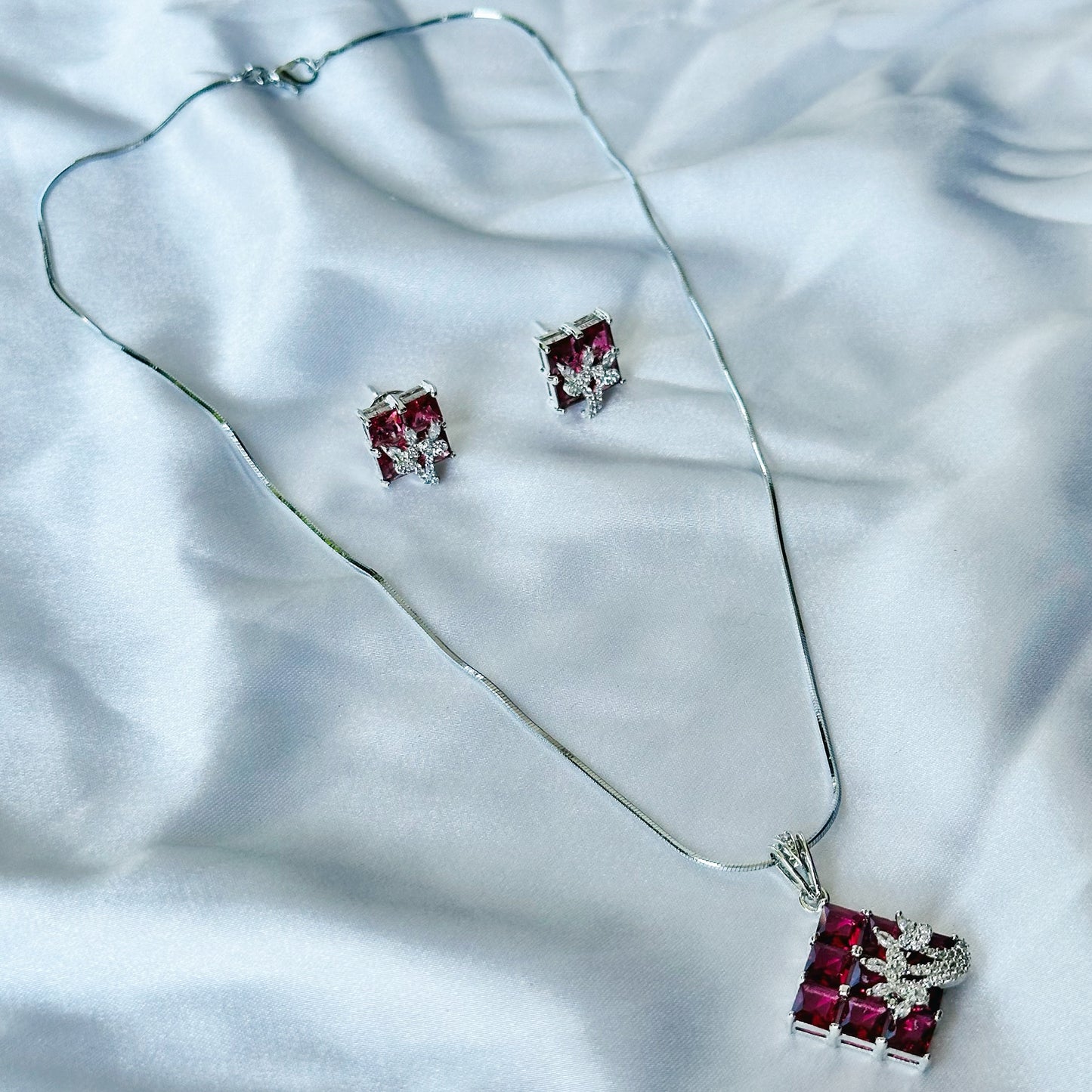 Red Ruby Cubic Zircon American Diamond Silver Plated Pendant Set